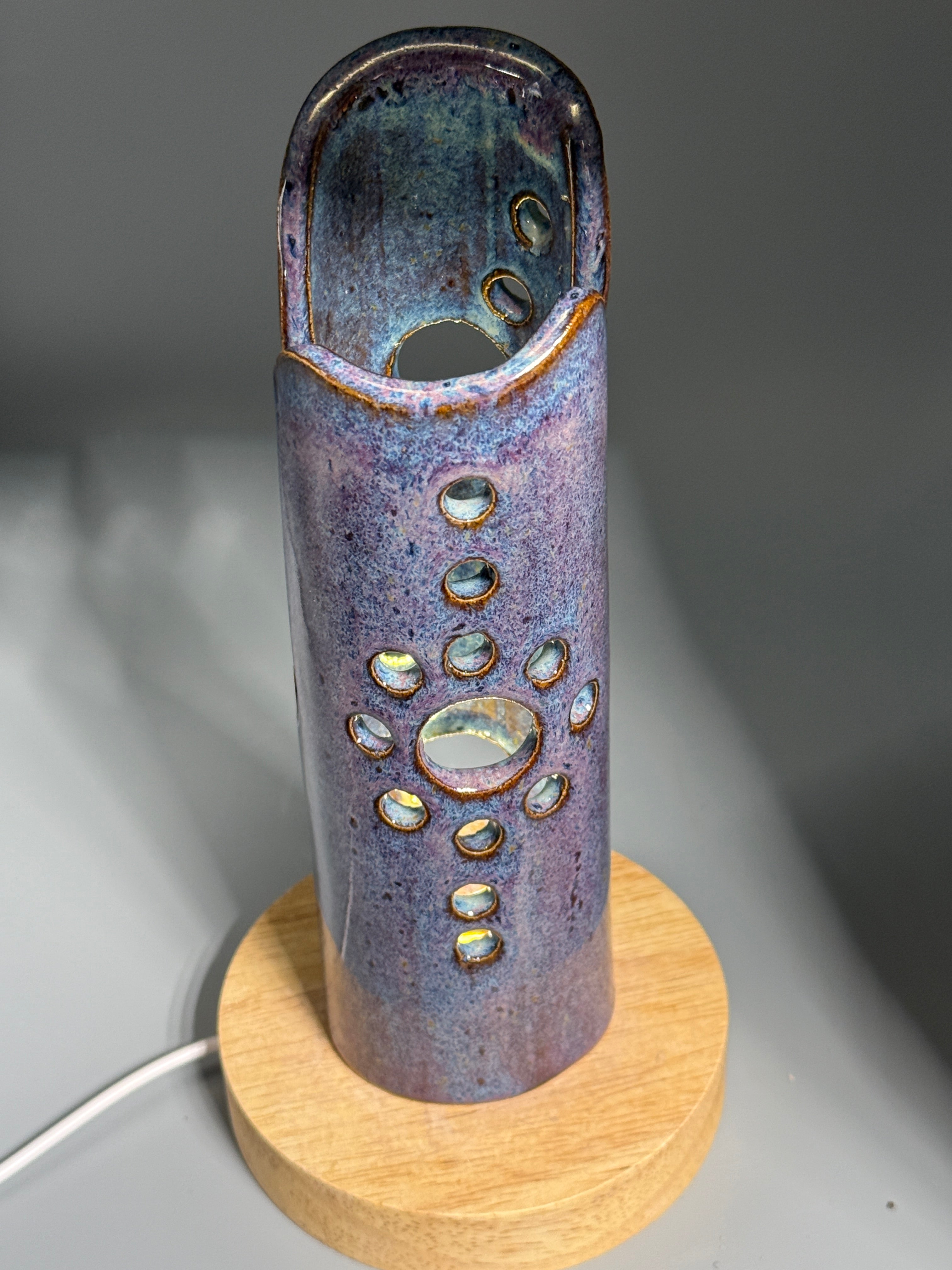 Wisteria Dusk — Carved Ceramic Accent Lamp with Wood LED Base