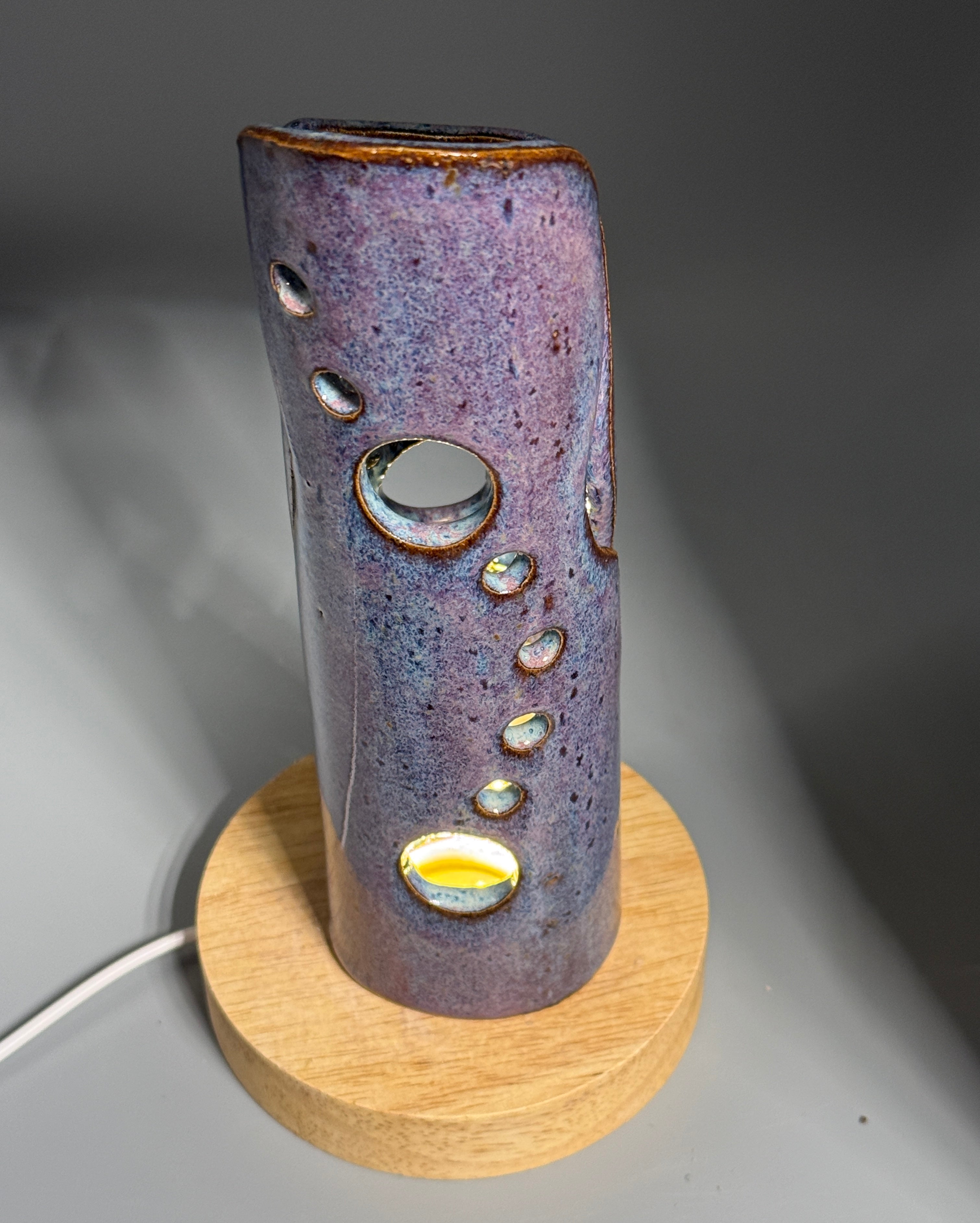 Thistle Rain — Carved Ceramic Accent Lamp with Wood LED Base