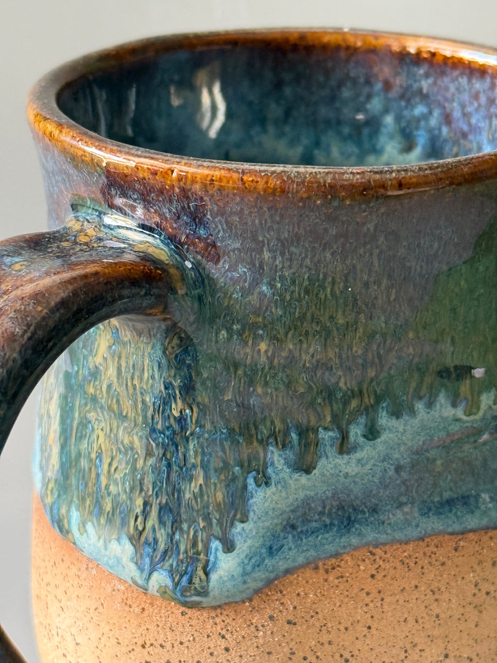 Handmade Blue mug with drip glaze, bare speckled clay 10-12 oz
