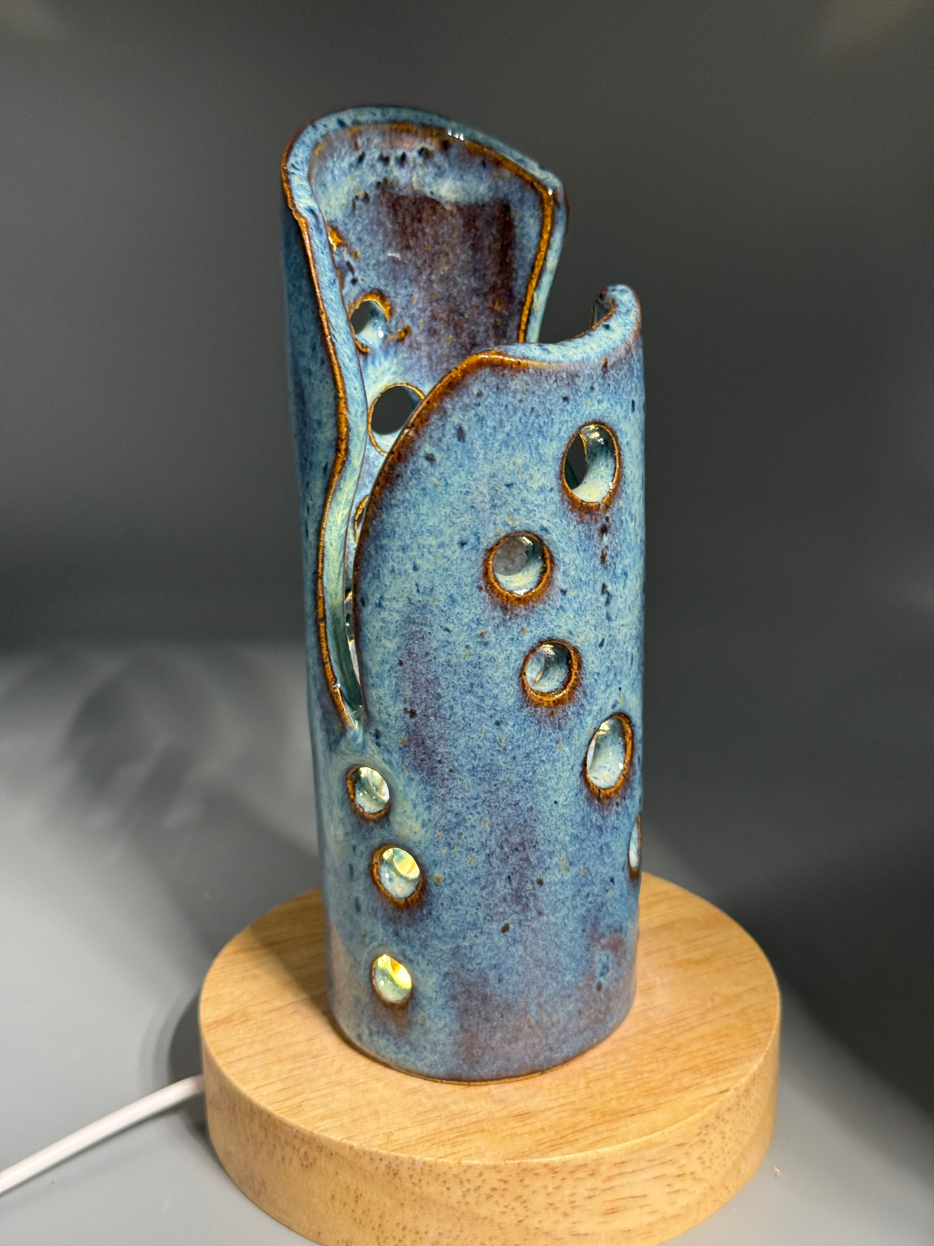 Chicory Sky — Carved Ceramic Accent Lamp with Wood LED Base