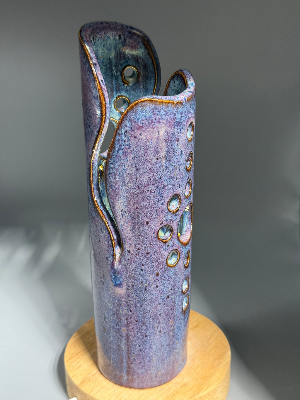 Wisteria Dusk — Carved Ceramic Accent Lamp with Wood LED Base