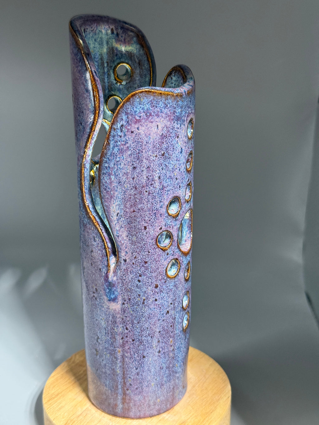 Wisteria Dusk — Carved Ceramic Accent Lamp with Wood LED Base