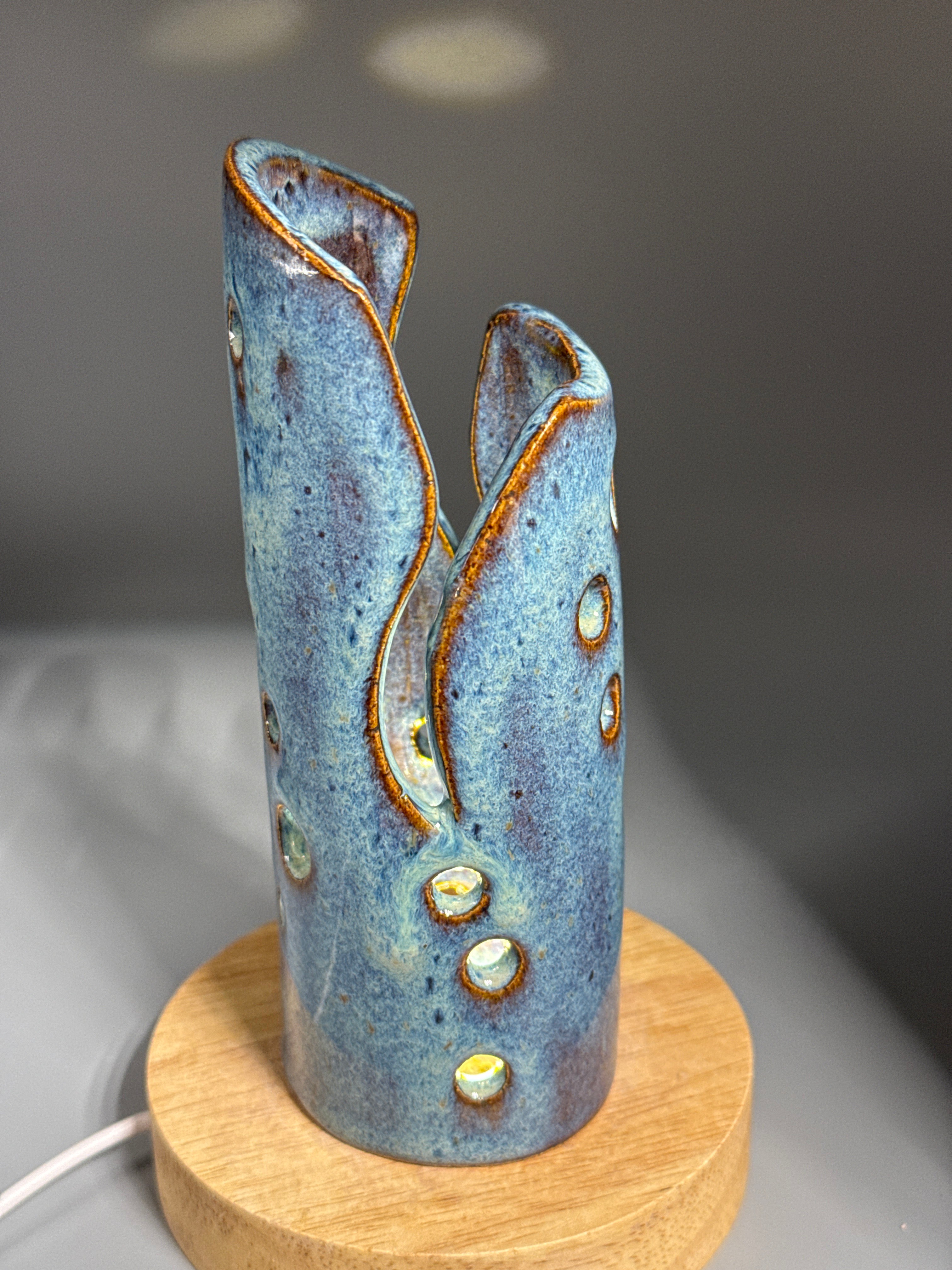 Chicory Sky — Carved Ceramic Accent Lamp with Wood LED Base