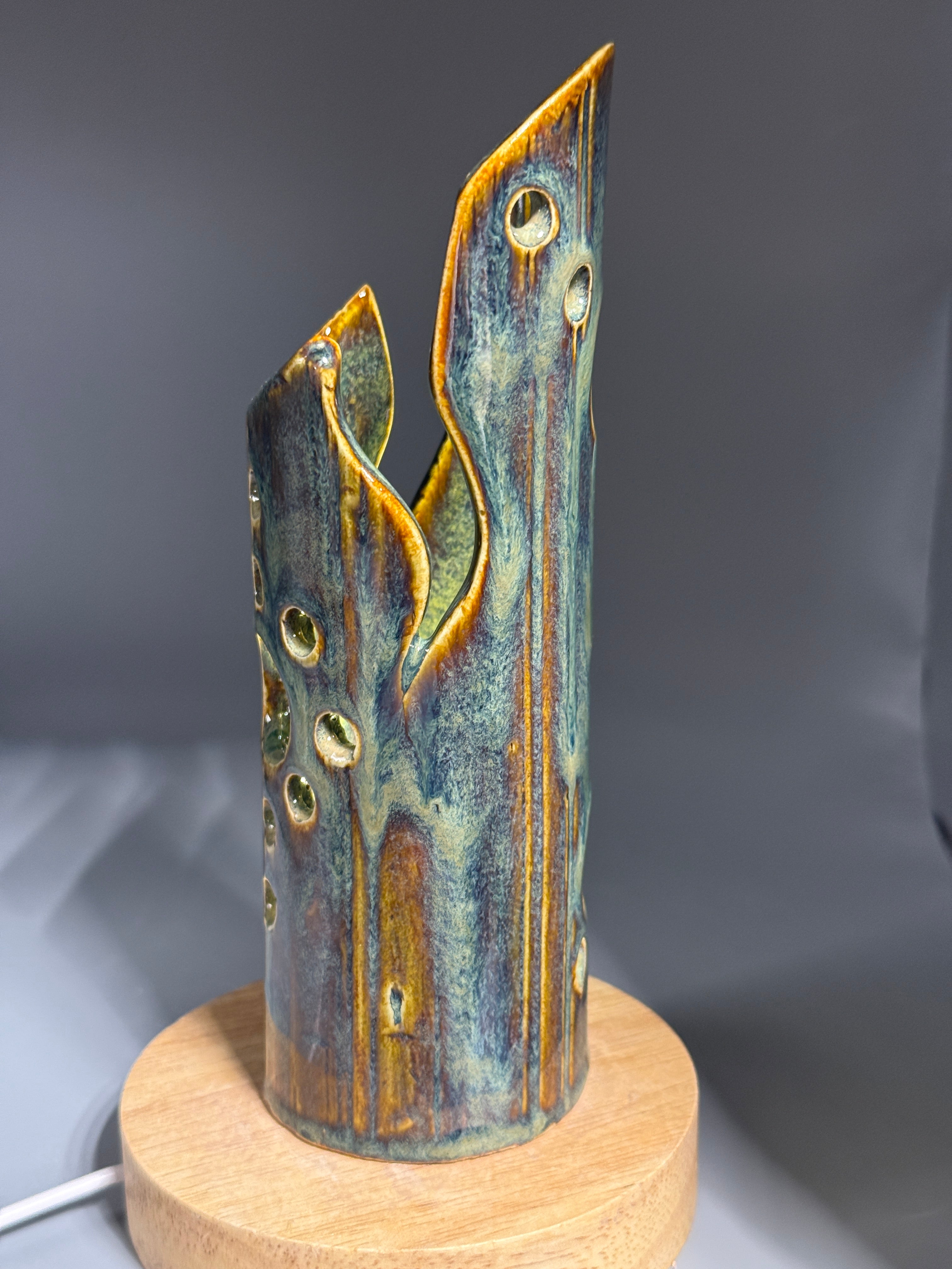 Marsh Ember — Carved Ceramic Accent Lamp with Wood LED Base