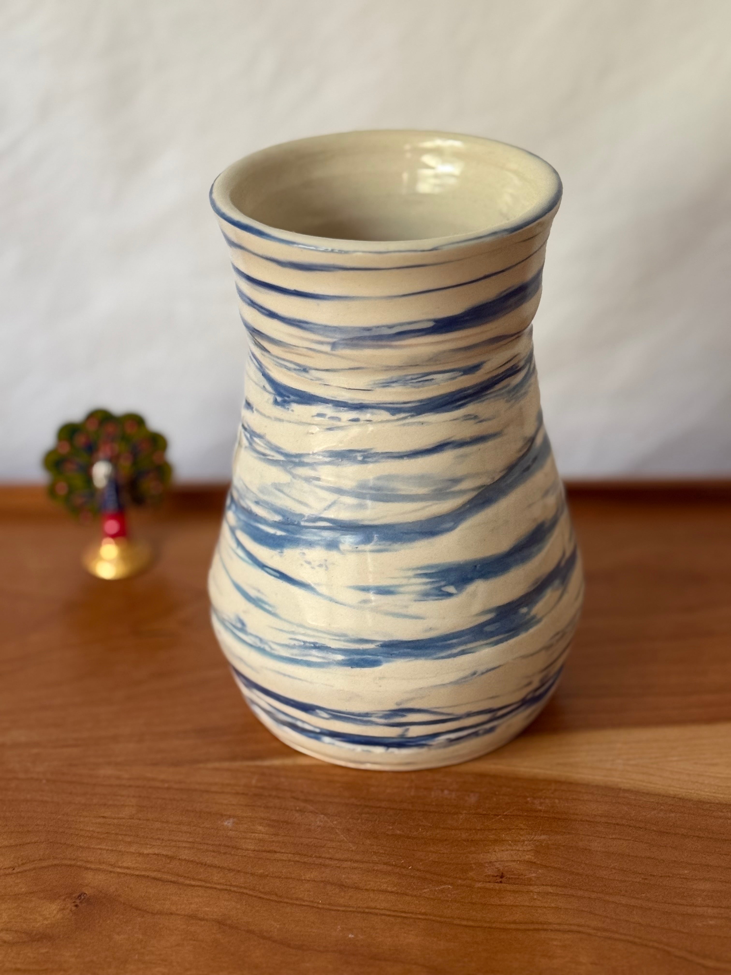 Ceramic vase - medium Blue on white stoneware 6.5”