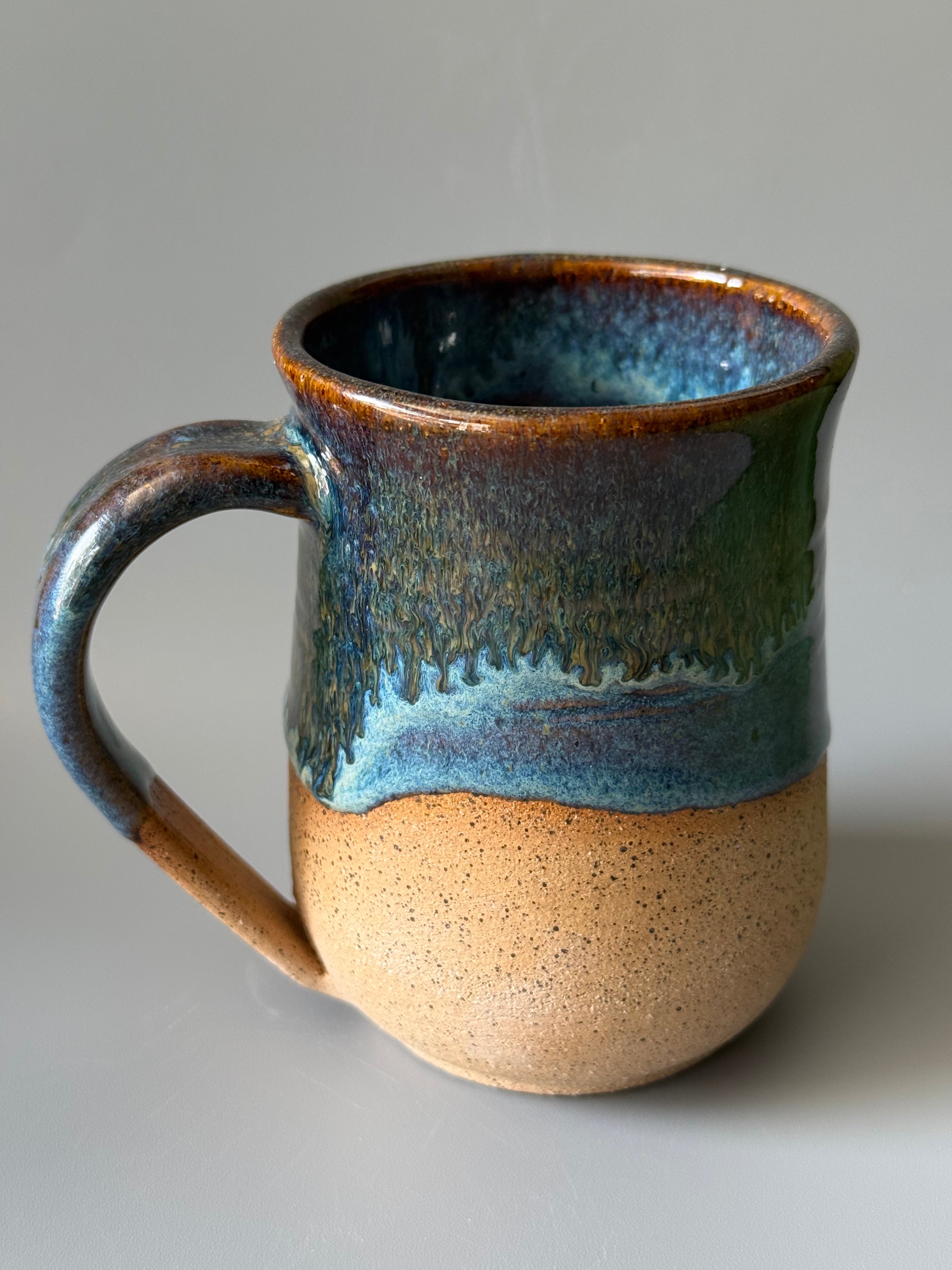 Handmade ceramic mug 10-12 oz Blue with golden drips on speckled stoneware