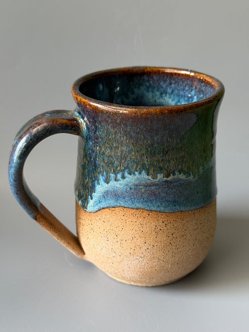 Handmade ceramic mug 10-12 oz Blue with golden drips on speckled stoneware