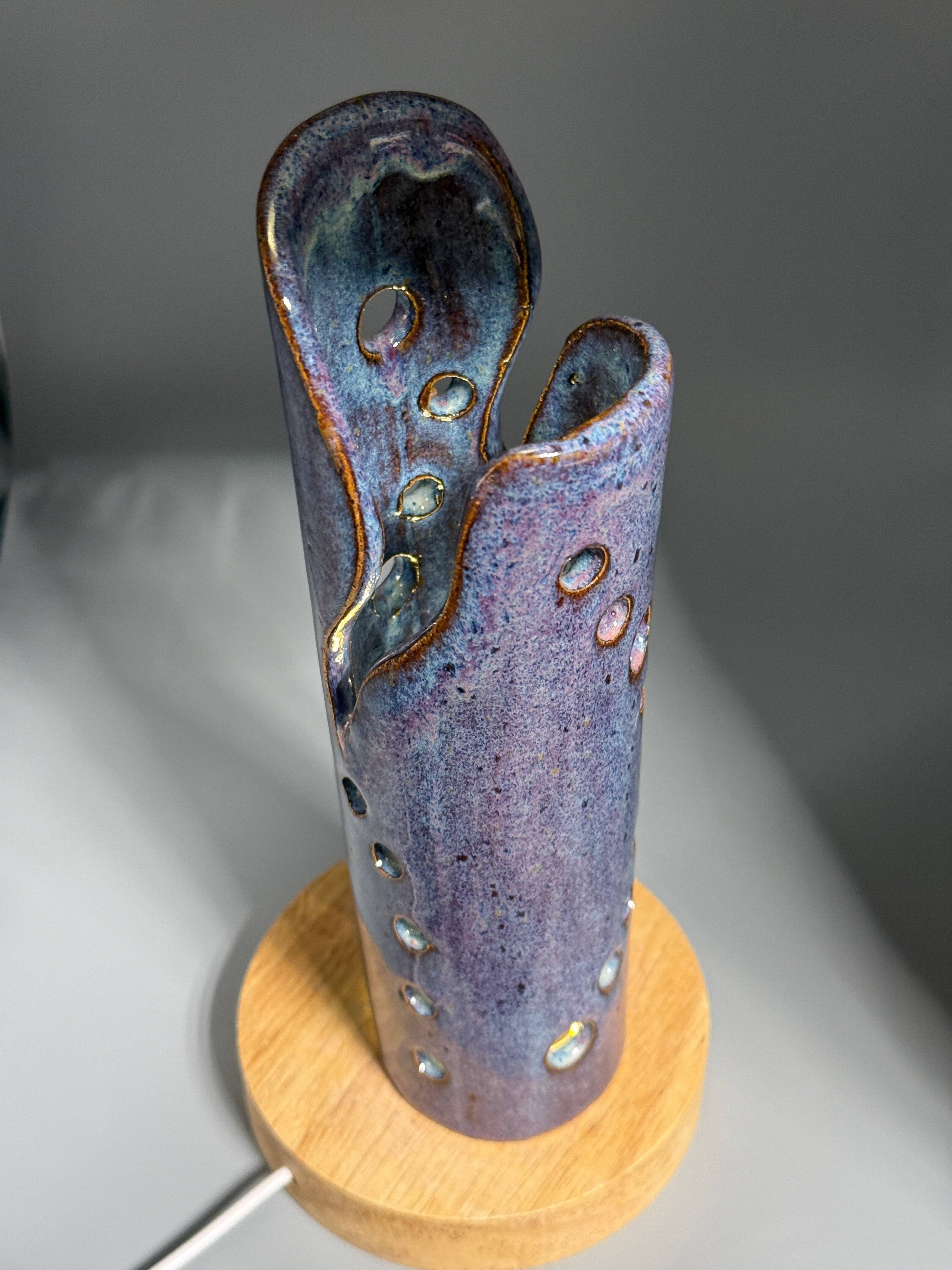 Thistle Rain — Carved Ceramic Accent Lamp with Wood LED Base