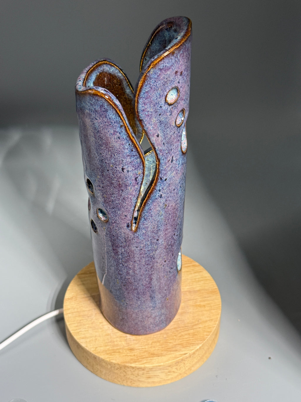 Wisteria Dusk — Carved Ceramic Accent Lamp with Wood LED Base