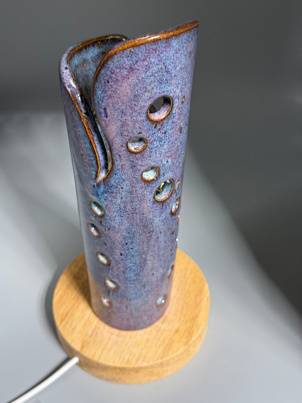 Thistle Rain — Carved Ceramic Accent Lamp with Wood LED Base