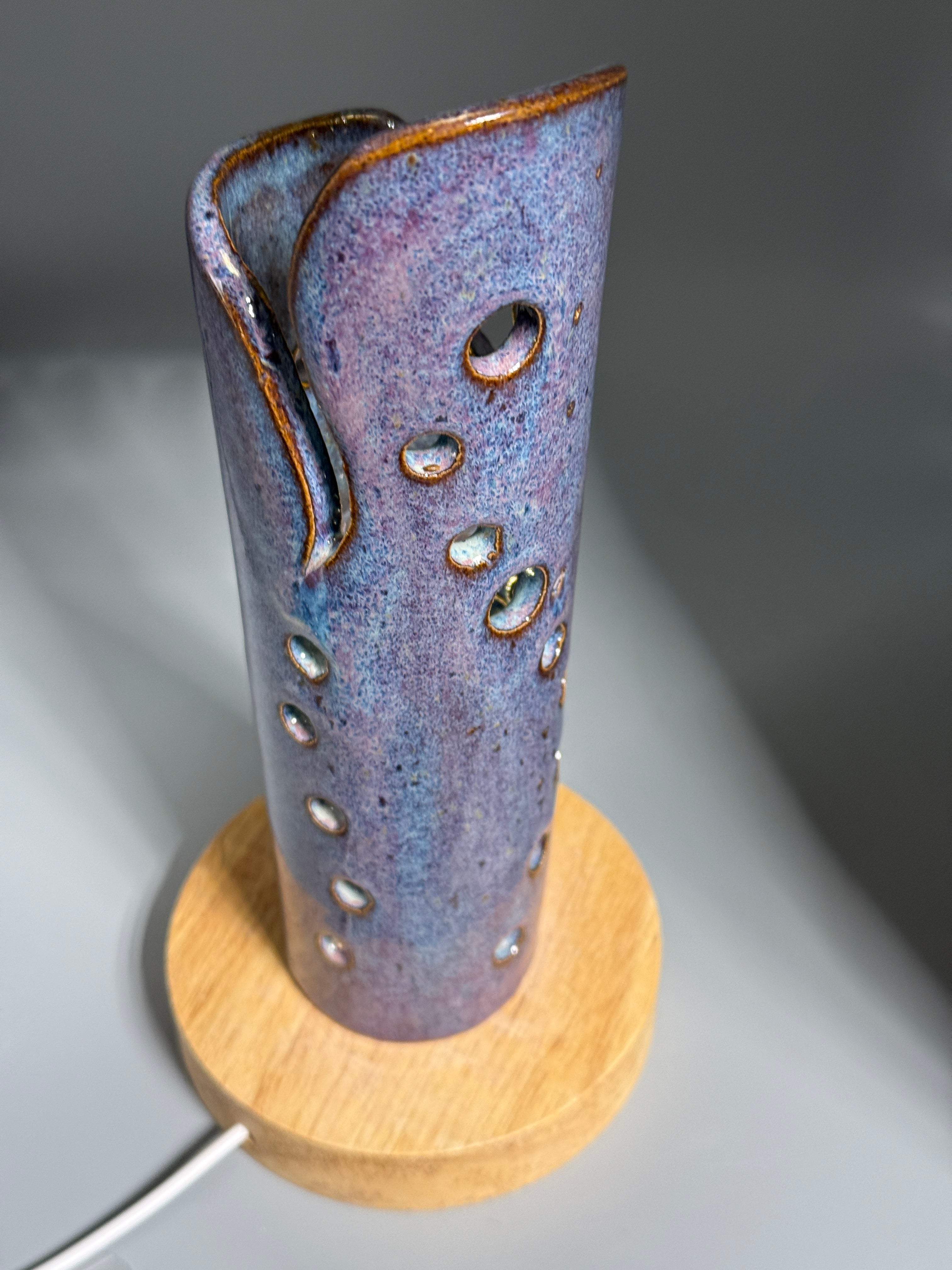 Thistle Rain — Carved Ceramic Accent Lamp with Wood LED Base