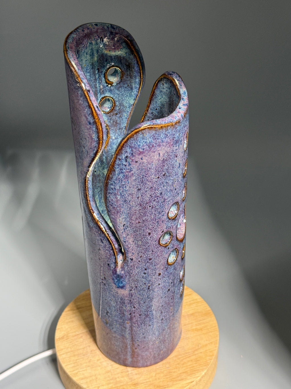 Wisteria Dusk — Carved Ceramic Accent Lamp with Wood LED Base