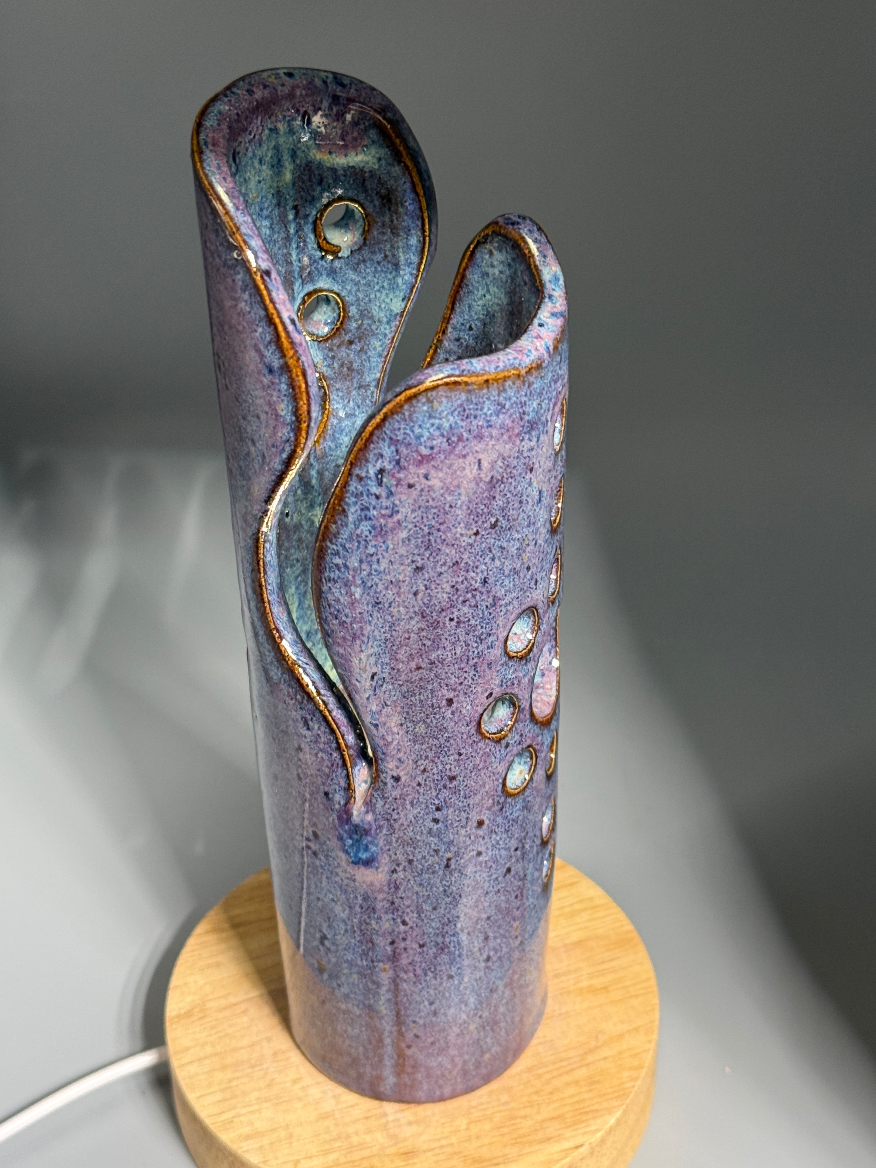 Wisteria Dusk — Carved Ceramic Accent Lamp with Wood LED Base