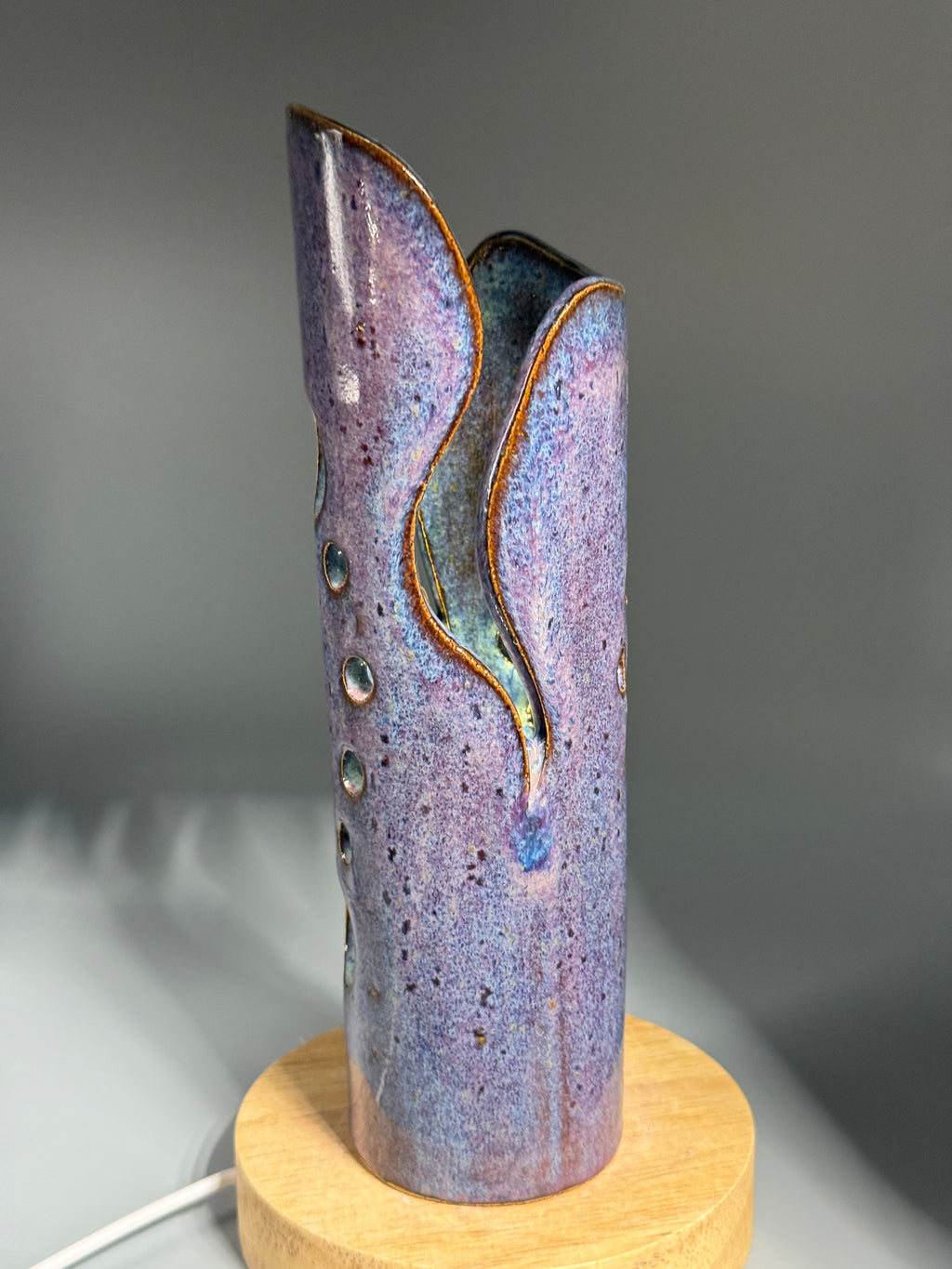 Wisteria Dusk — Carved Ceramic Accent Lamp with Wood LED Base