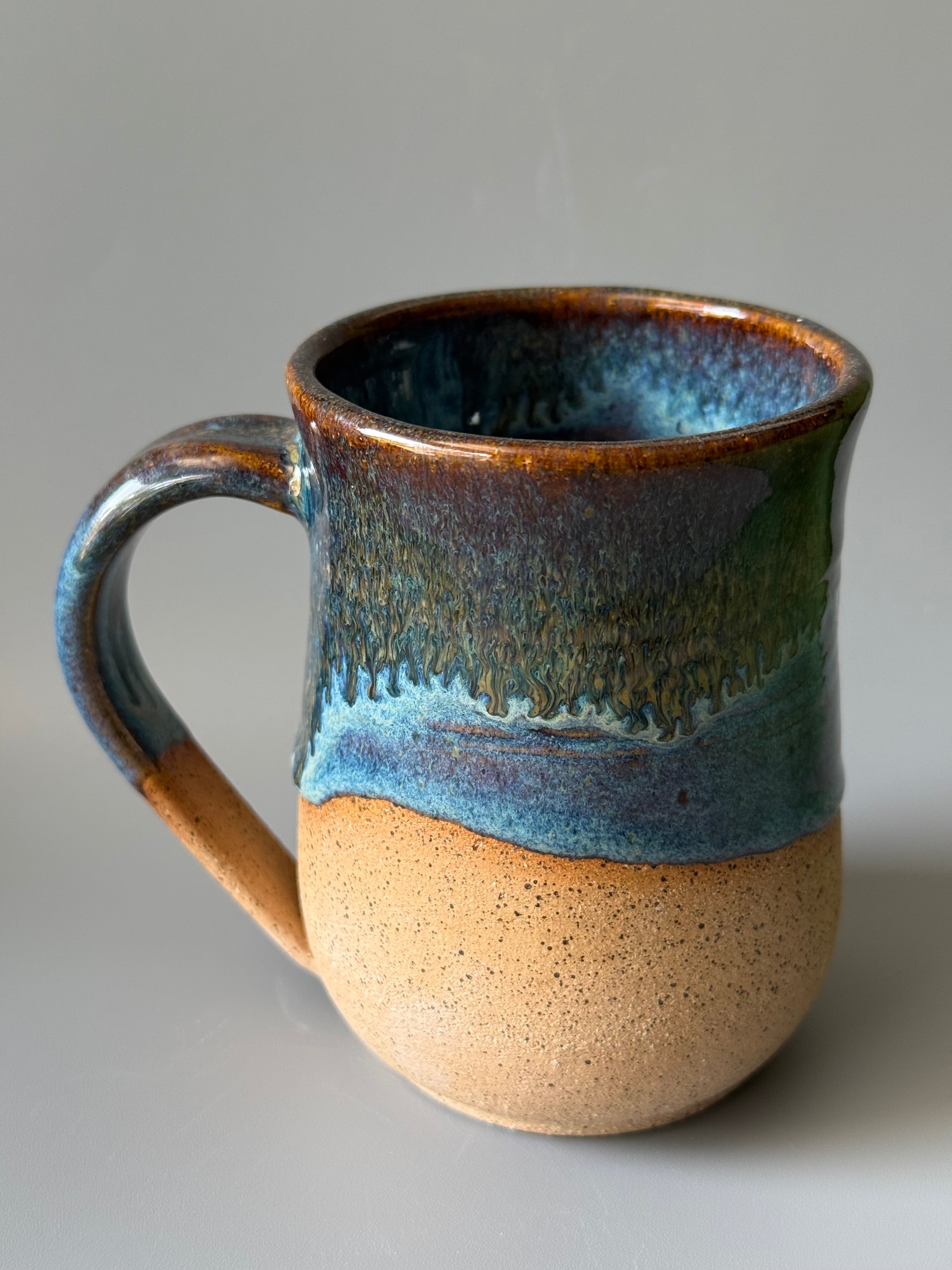 Handmade ceramic mug 10-12 oz Blue with golden drips on speckled stoneware