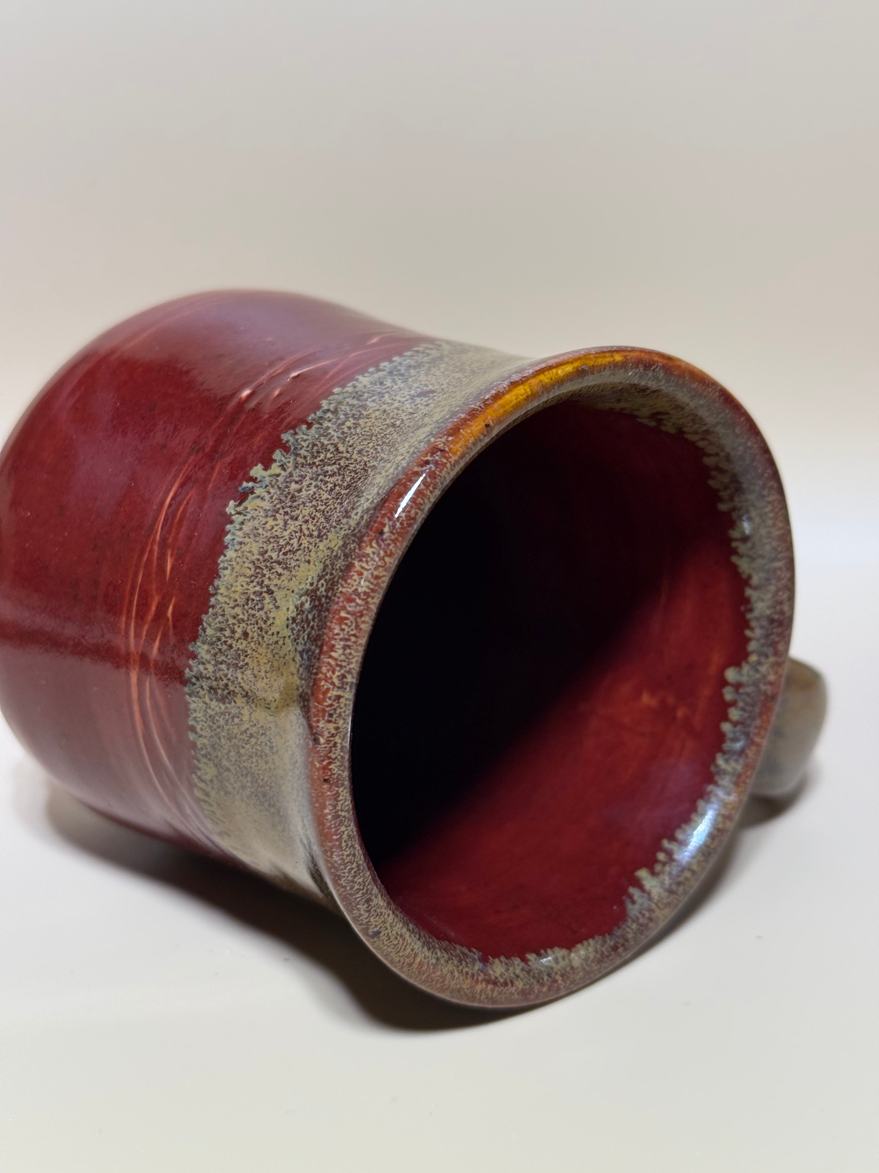 Red mug with golden drips, Handmade 10-12 oz.