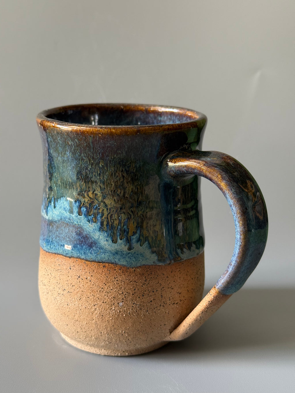 Handmade Blue mug with drip glaze, bare speckled clay 10-12 oz