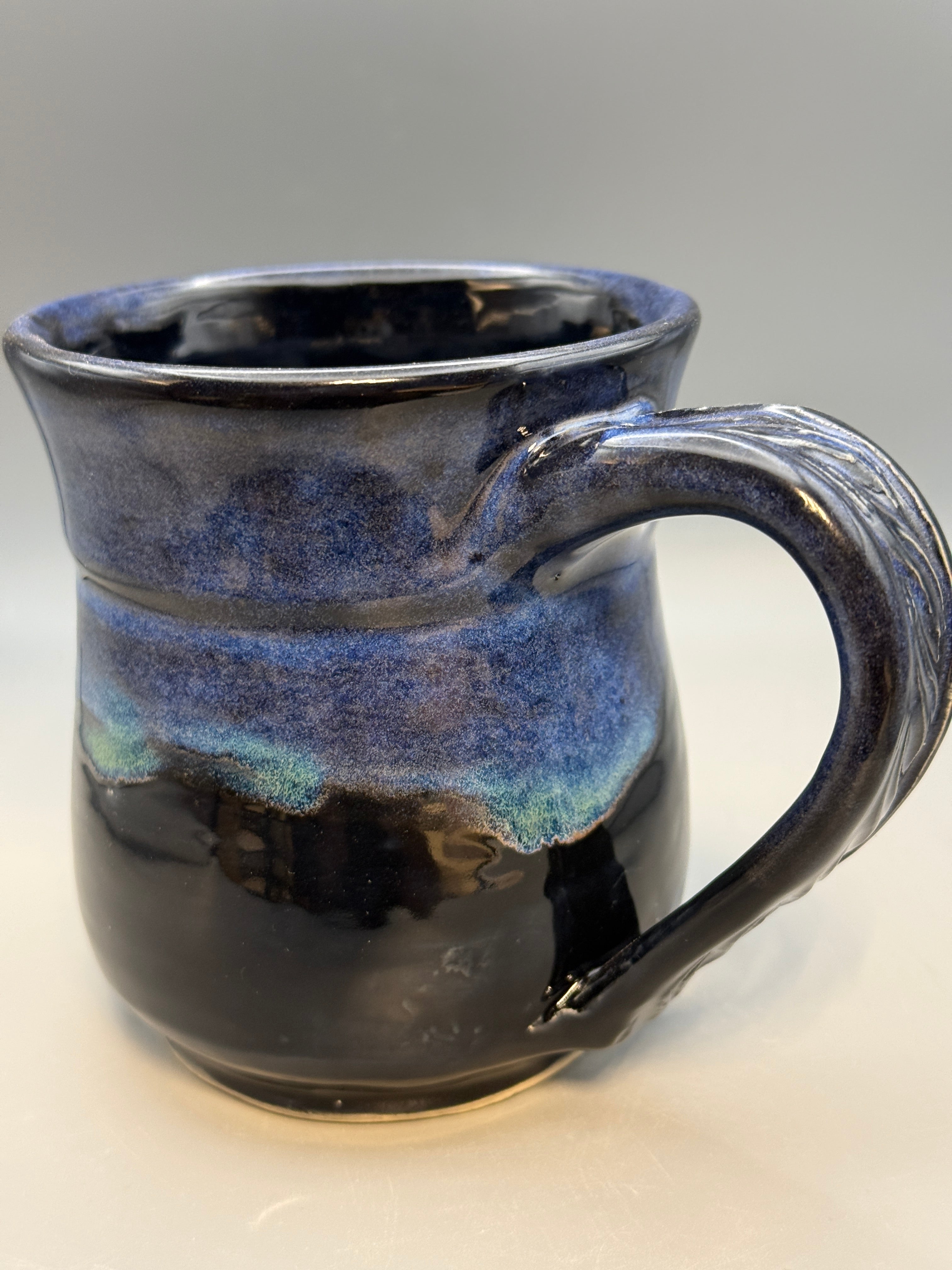 Midnight Aurora Mug — Handmade Stoneware in Glossy Black & Electric Blue 10-12oz