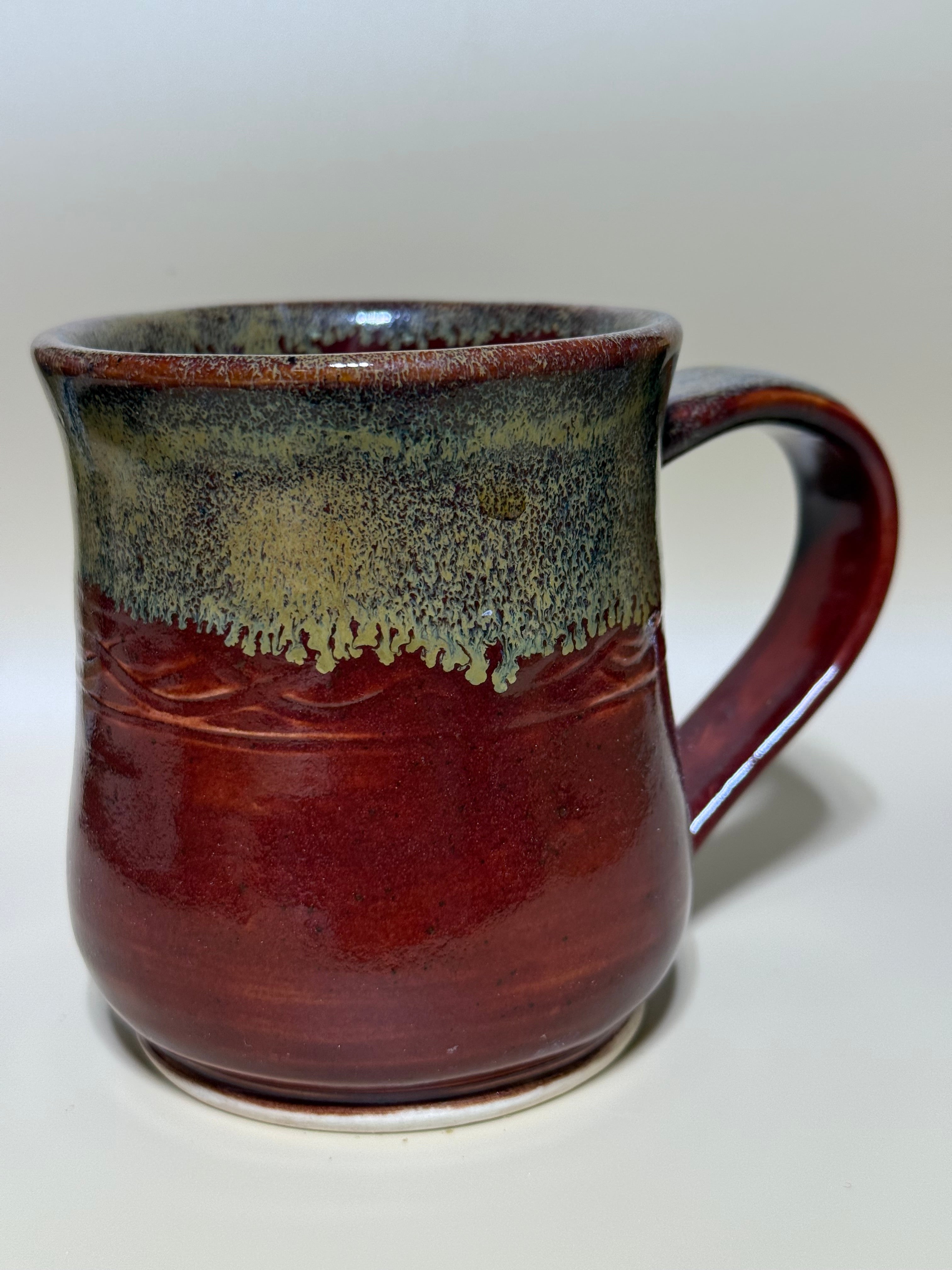Red mug with golden drips, Handmade 10-12 oz.
