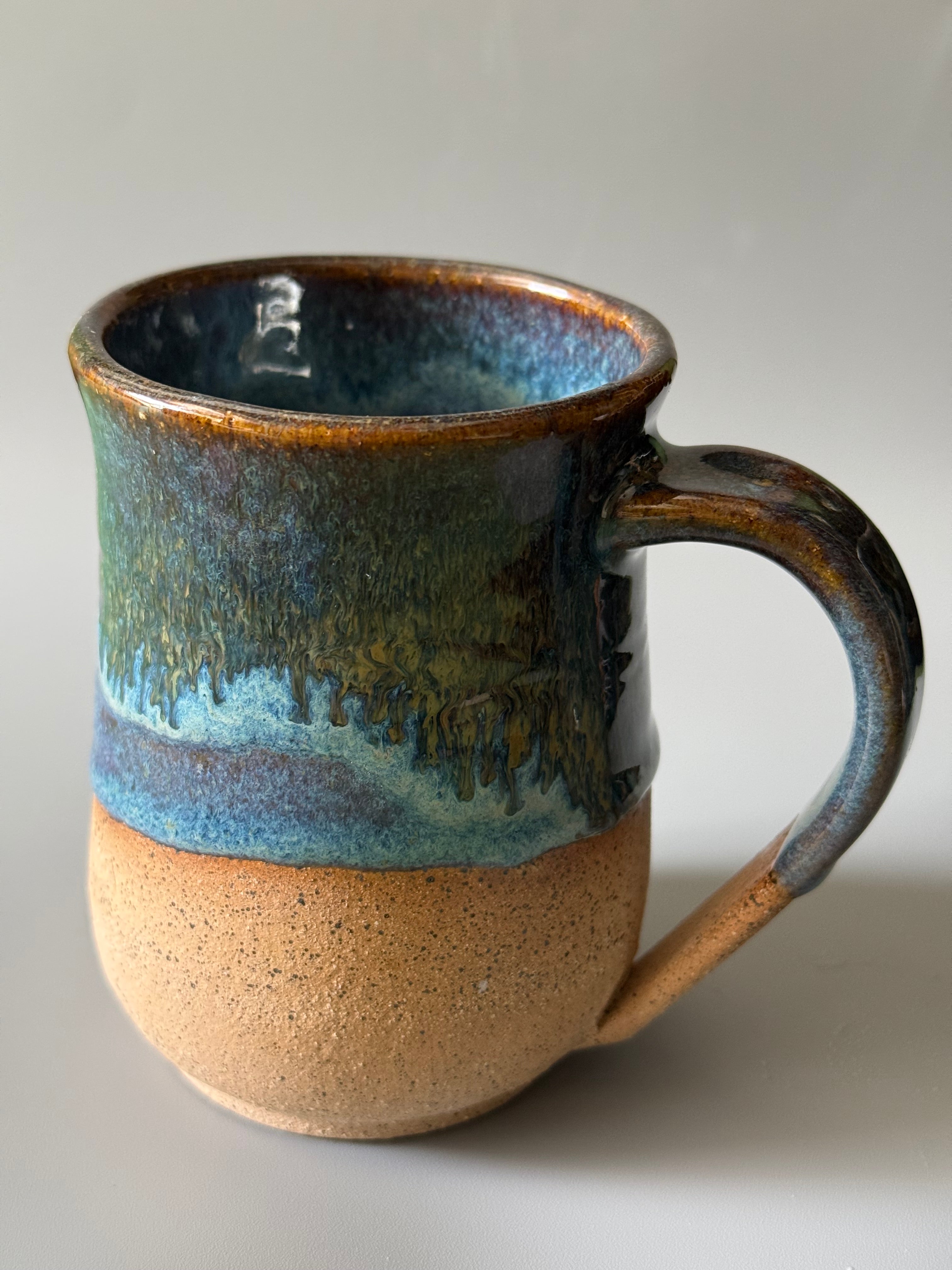 Handmade Blue mug with drip glaze, bare speckled clay 10-12 oz