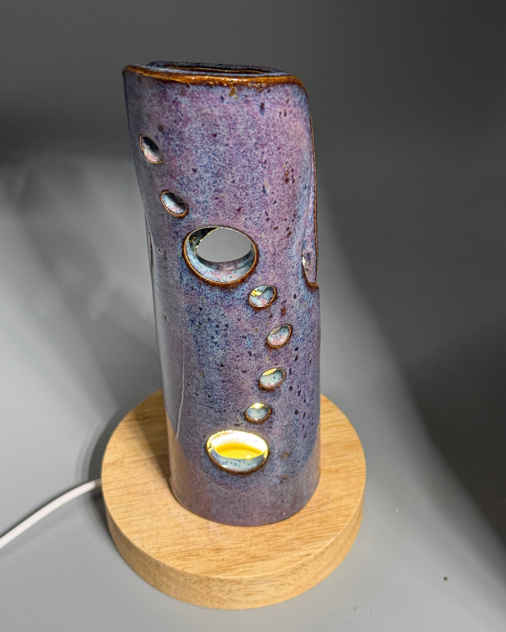 Wisteria Dusk — Carved Ceramic Accent Lamp with Wood LED Base