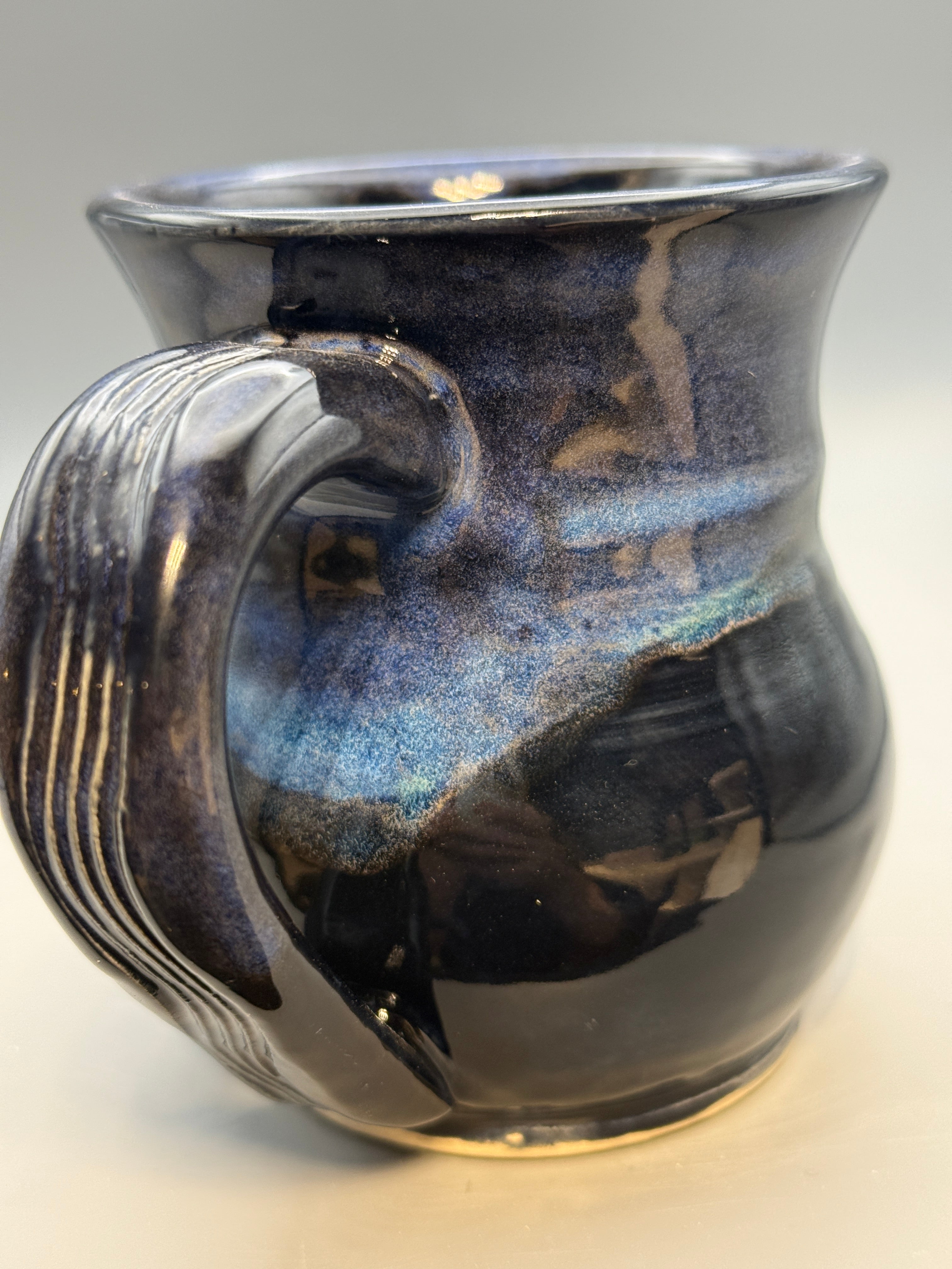 Midnight Aurora Mug No. 2 — Handmade Stoneware in Glossy Black, Electric Blue & Green 10-12 oz