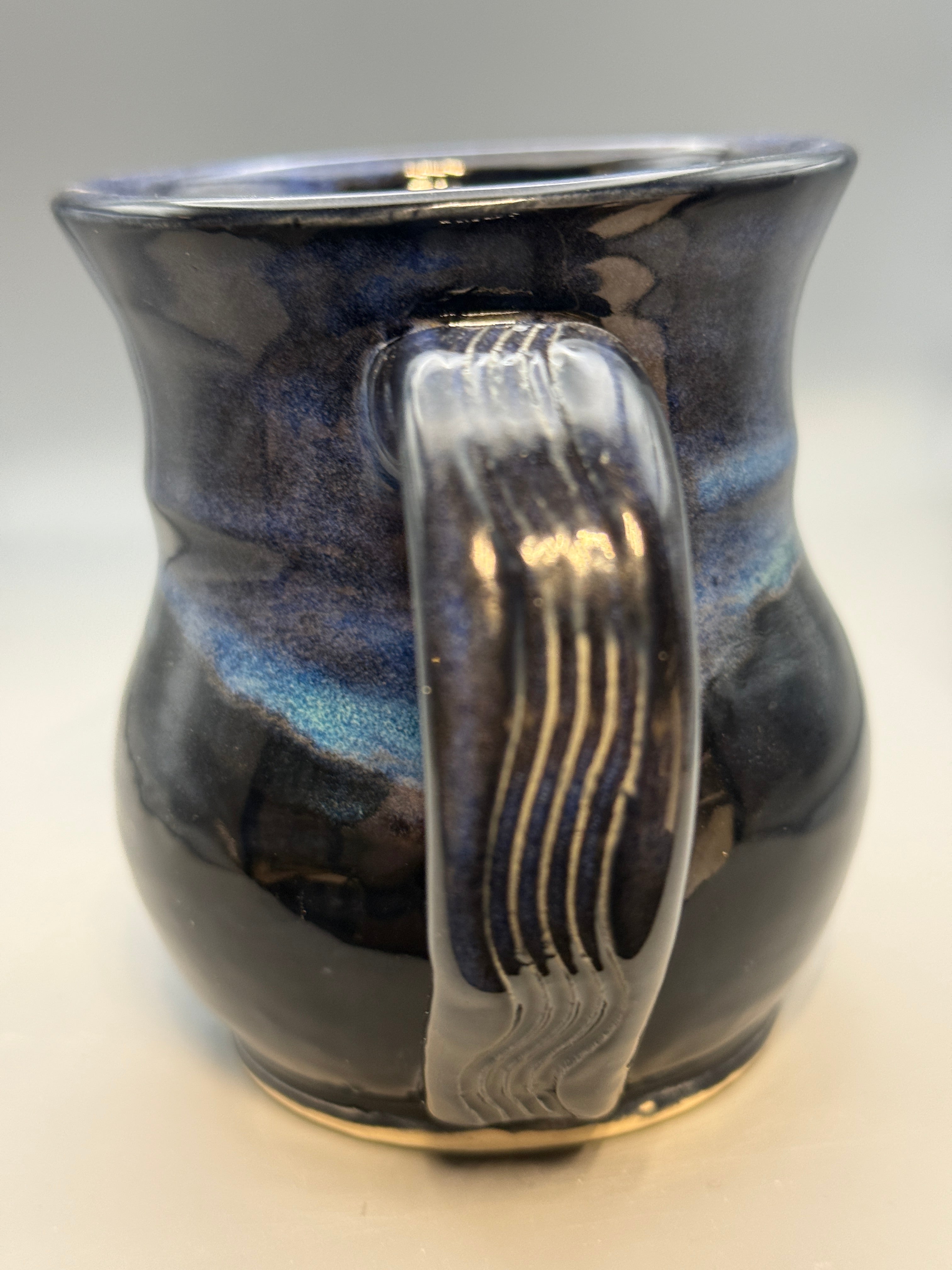 Midnight Aurora Mug No. 2 — Handmade Stoneware in Glossy Black, Electric Blue & Green 10-12 oz