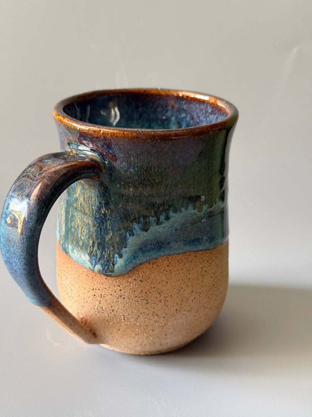 Handmade Blue mug with drip glaze, bare speckled clay 10-12 oz