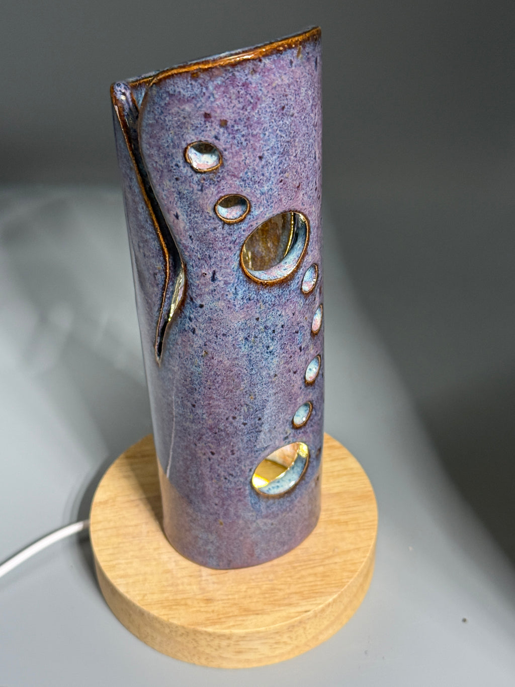 Thistle Rain — Carved Ceramic Accent Lamp with Wood LED Base