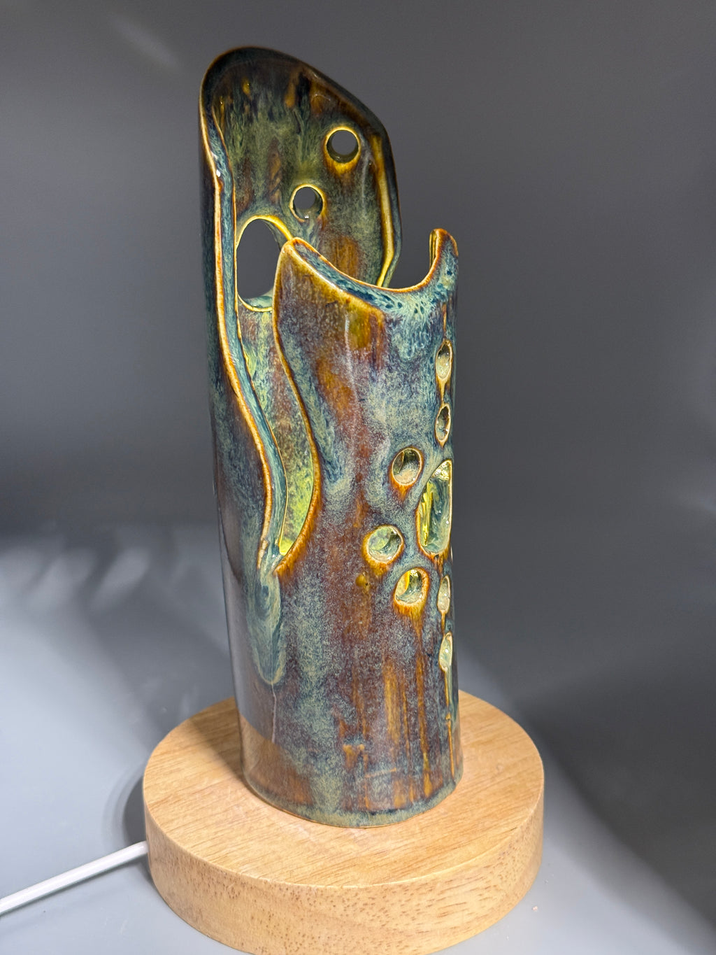 Marsh Ember — Carved Ceramic Accent Lamp with Wood LED Base
