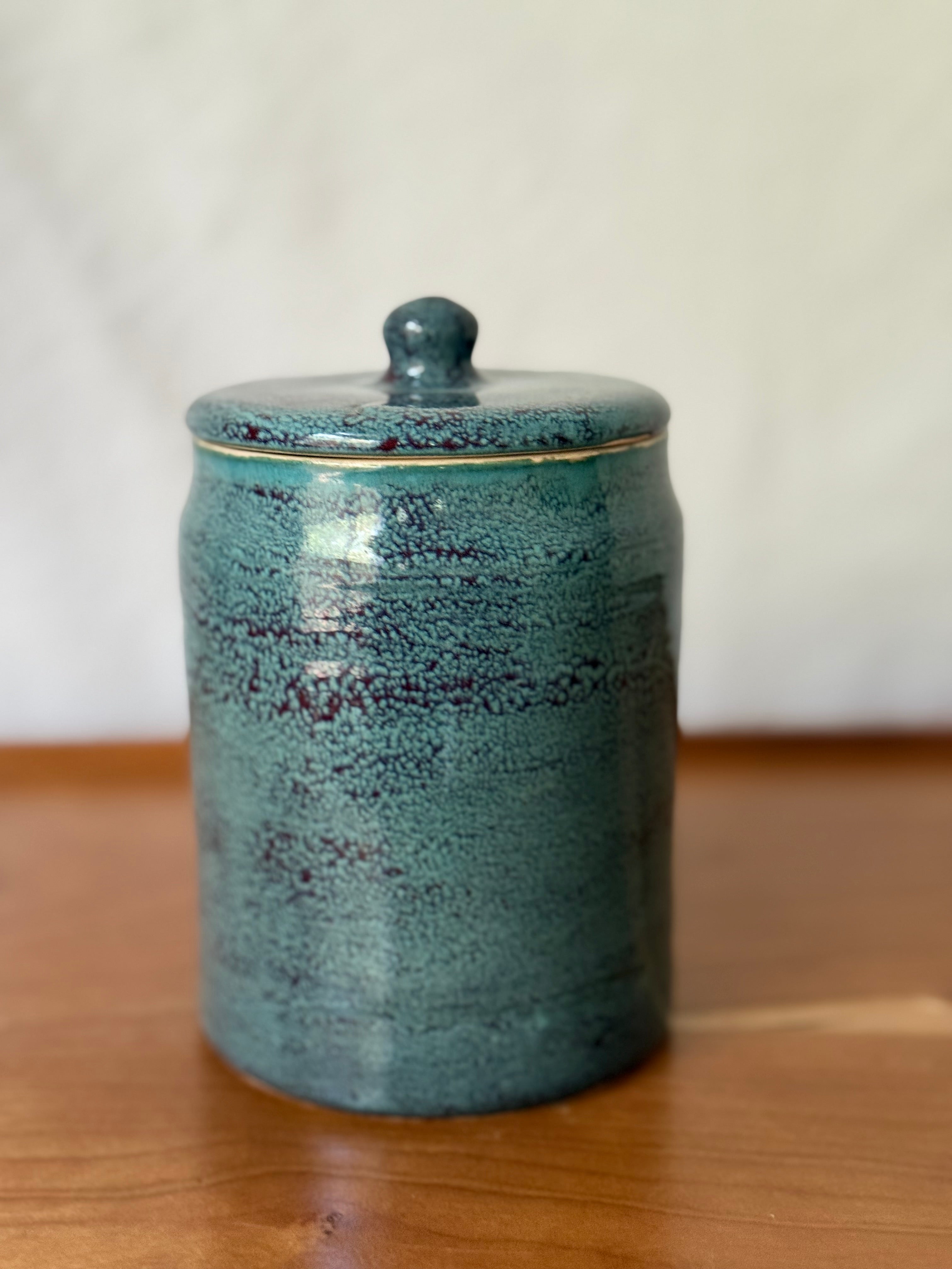 Small 6” handmade ceramic jar - teal and red glaze