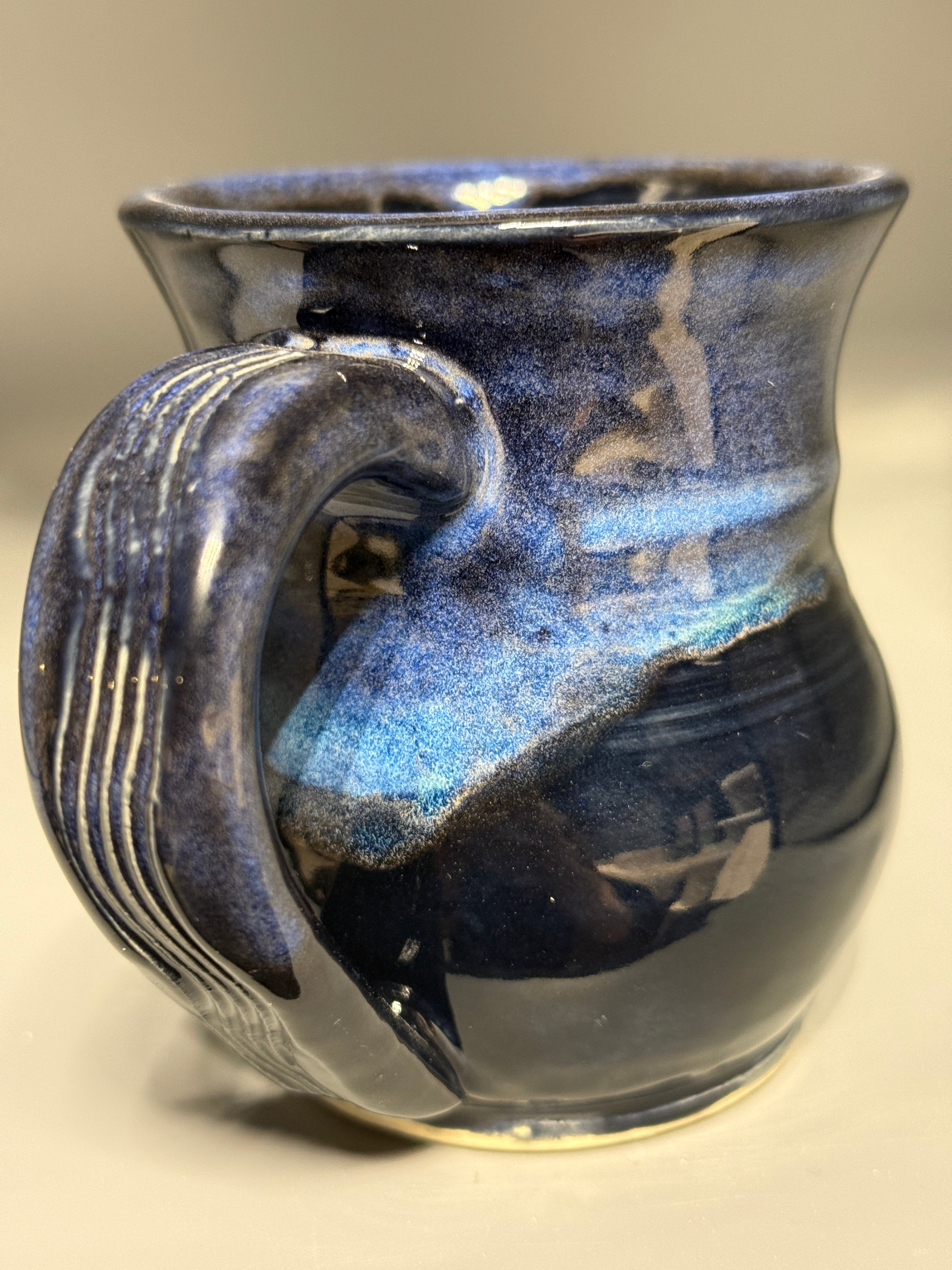 Midnight Aurora Mug No. 2 — Handmade Stoneware in Glossy Black, Electric Blue & Green 10-12 oz