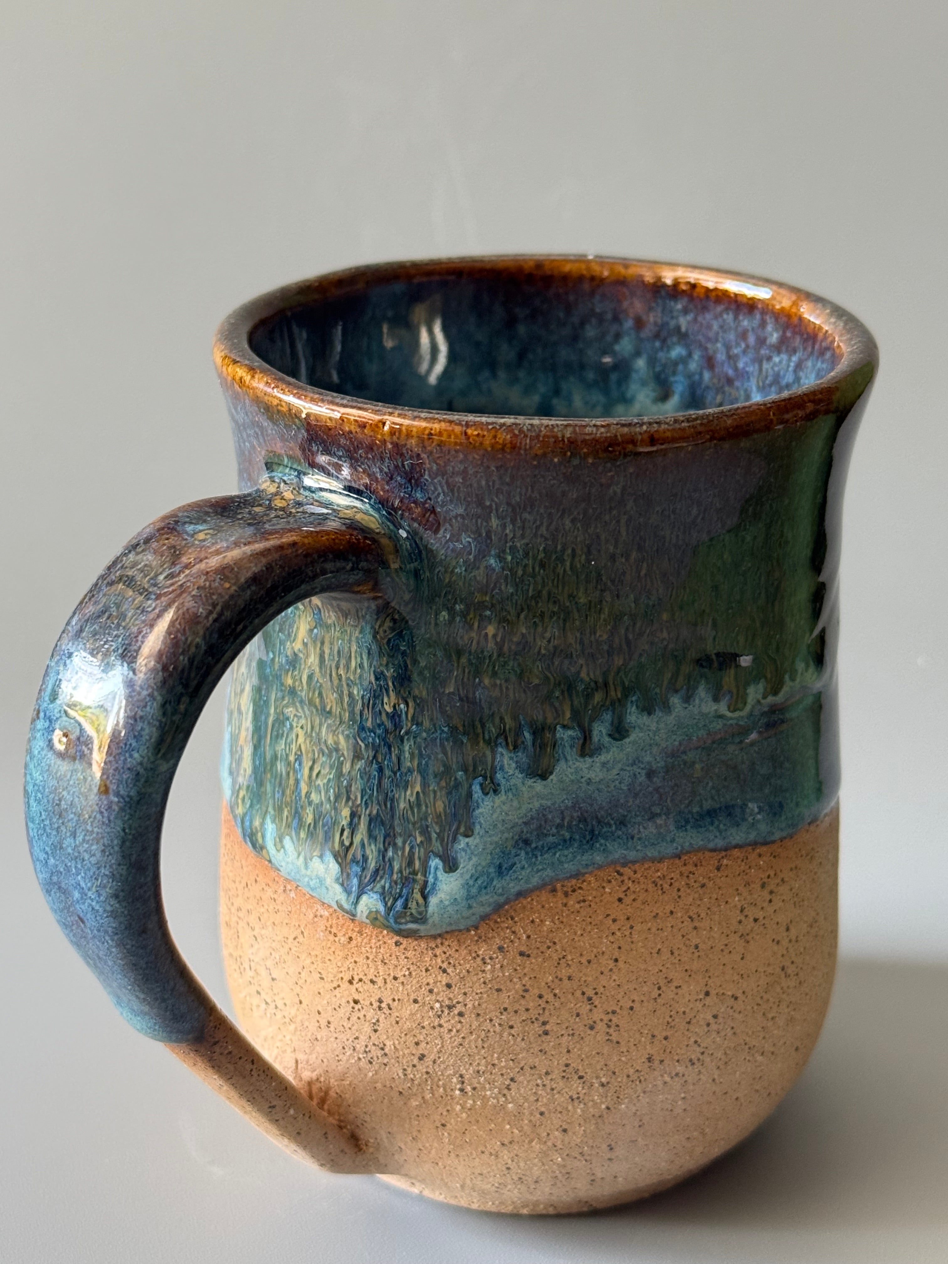 Handmade Blue mug with drip glaze, bare speckled clay 10-12 oz