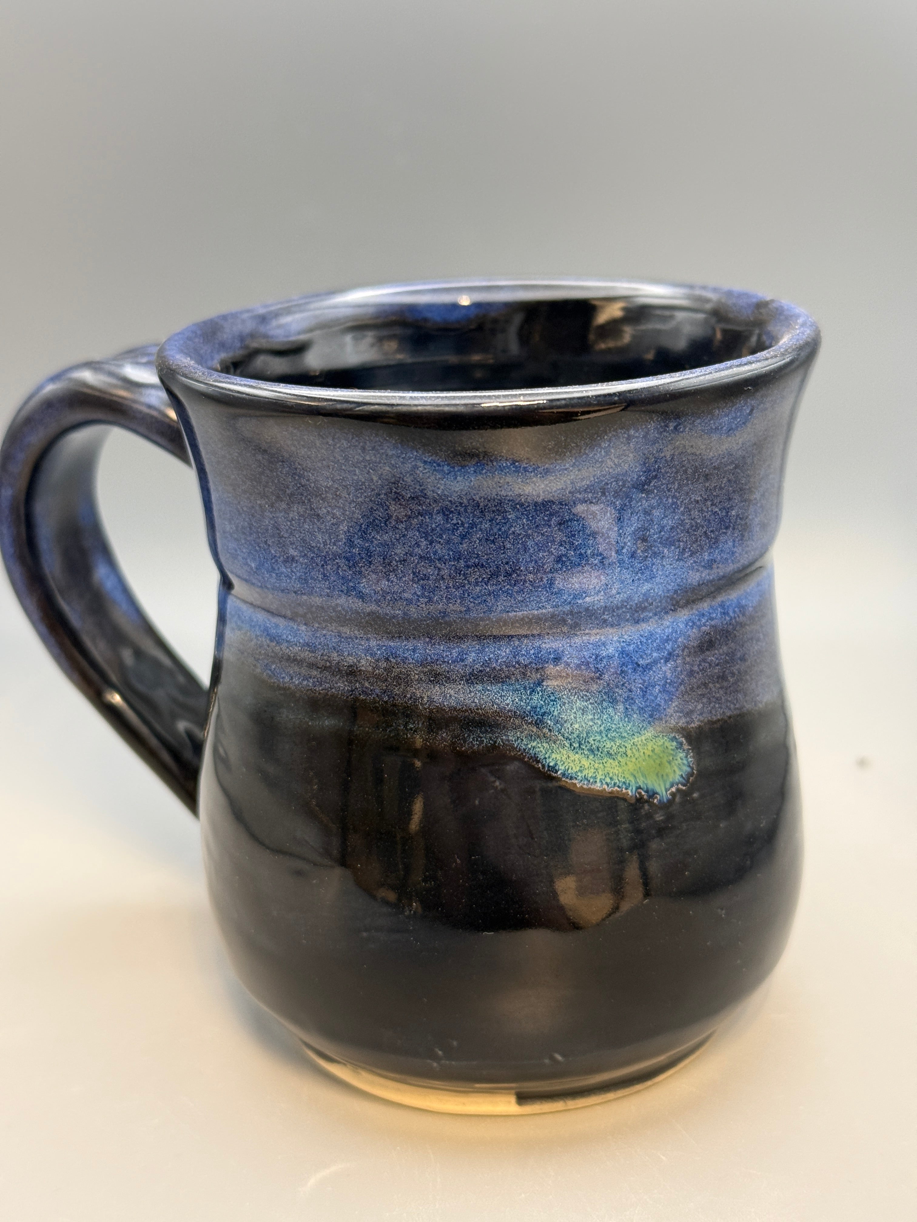 Midnight Aurora Mug — Handmade Stoneware in Glossy Black & Electric Blue 10-12oz
