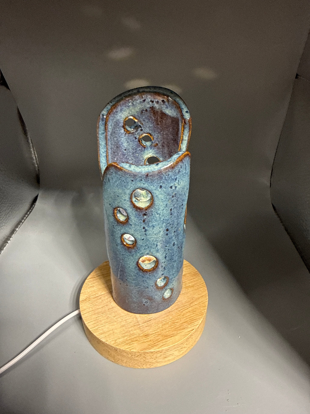 Chicory Sky — Carved Ceramic Accent Lamp with Wood LED Base