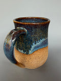 Handmade Blue mug with drip glaze, bare speckled clay 10-12 oz