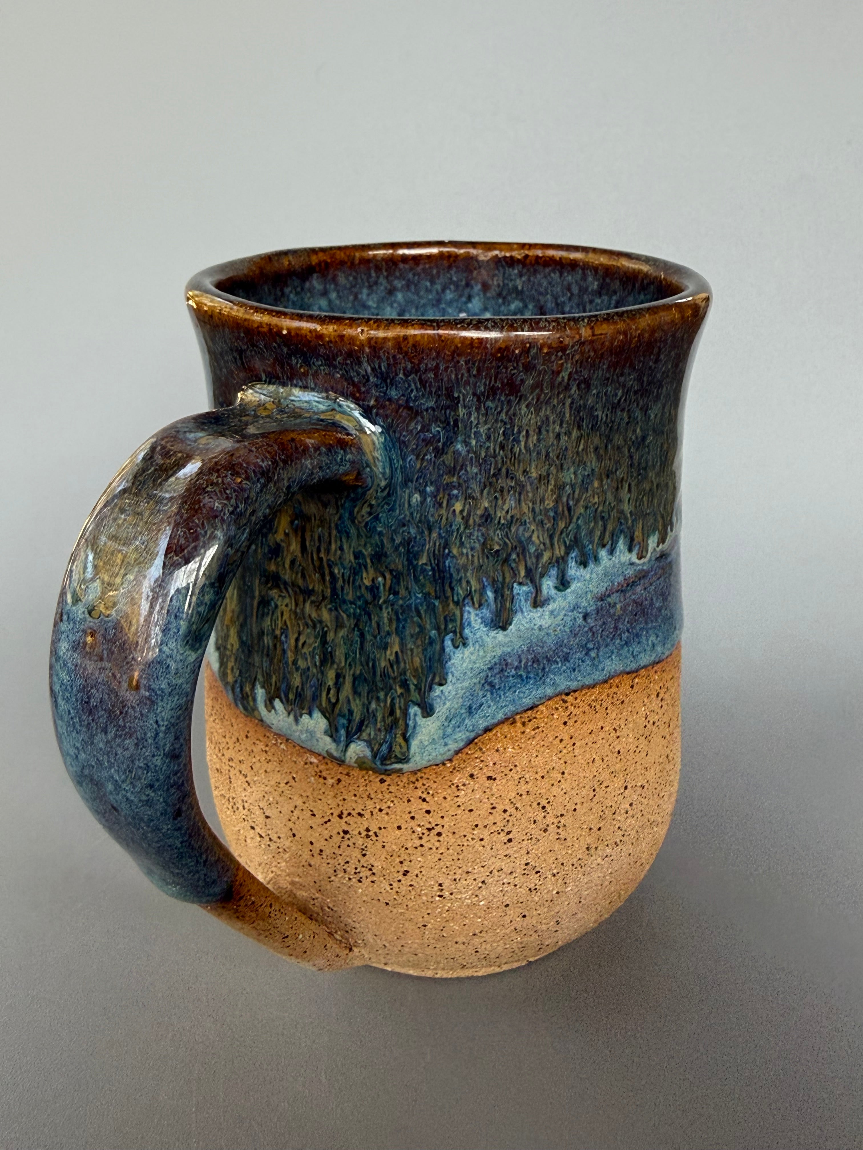 Handmade ceramic mug 10-12 oz Blue with golden drips on speckled stoneware