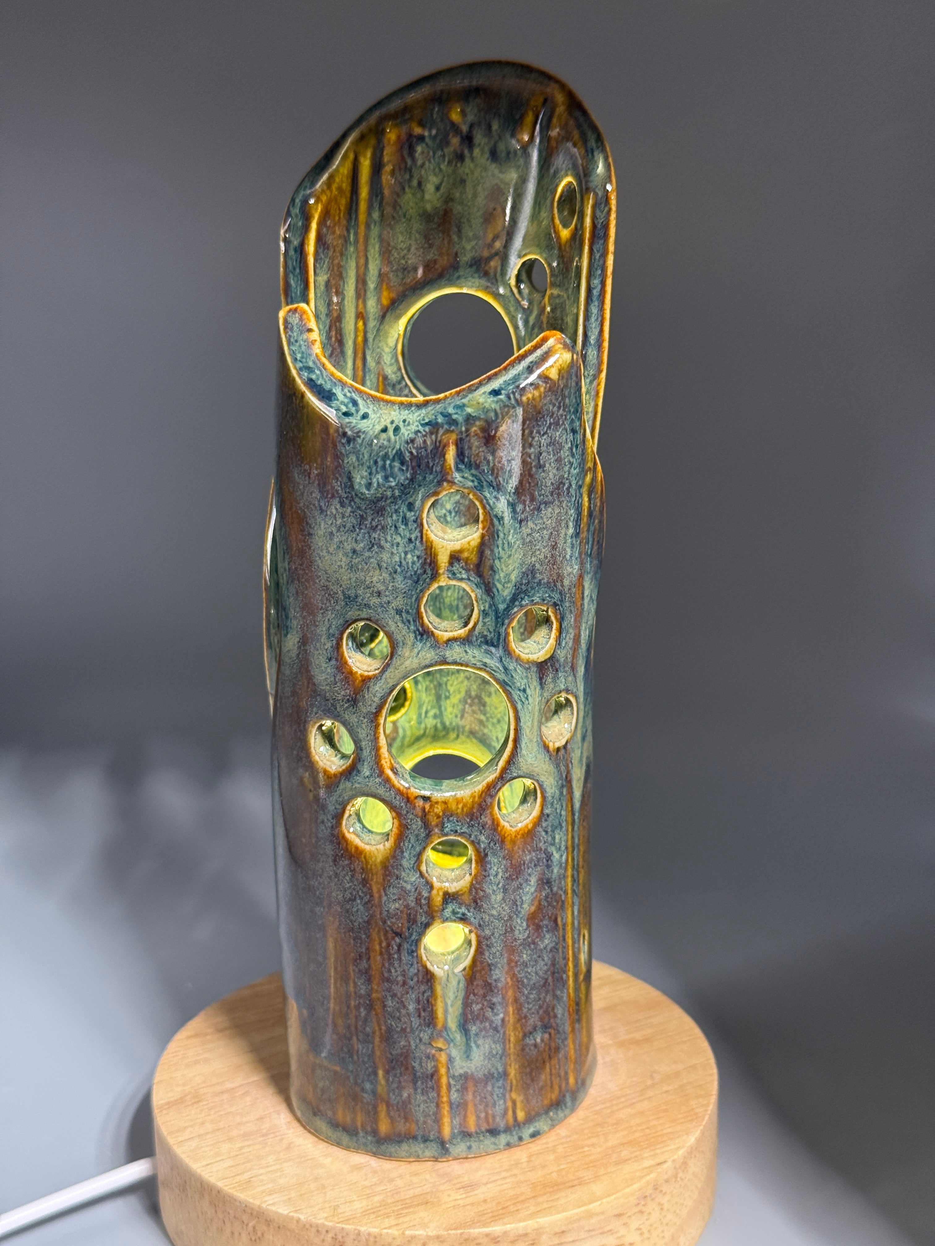 Marsh Ember — Carved Ceramic Accent Lamp with Wood LED Base
