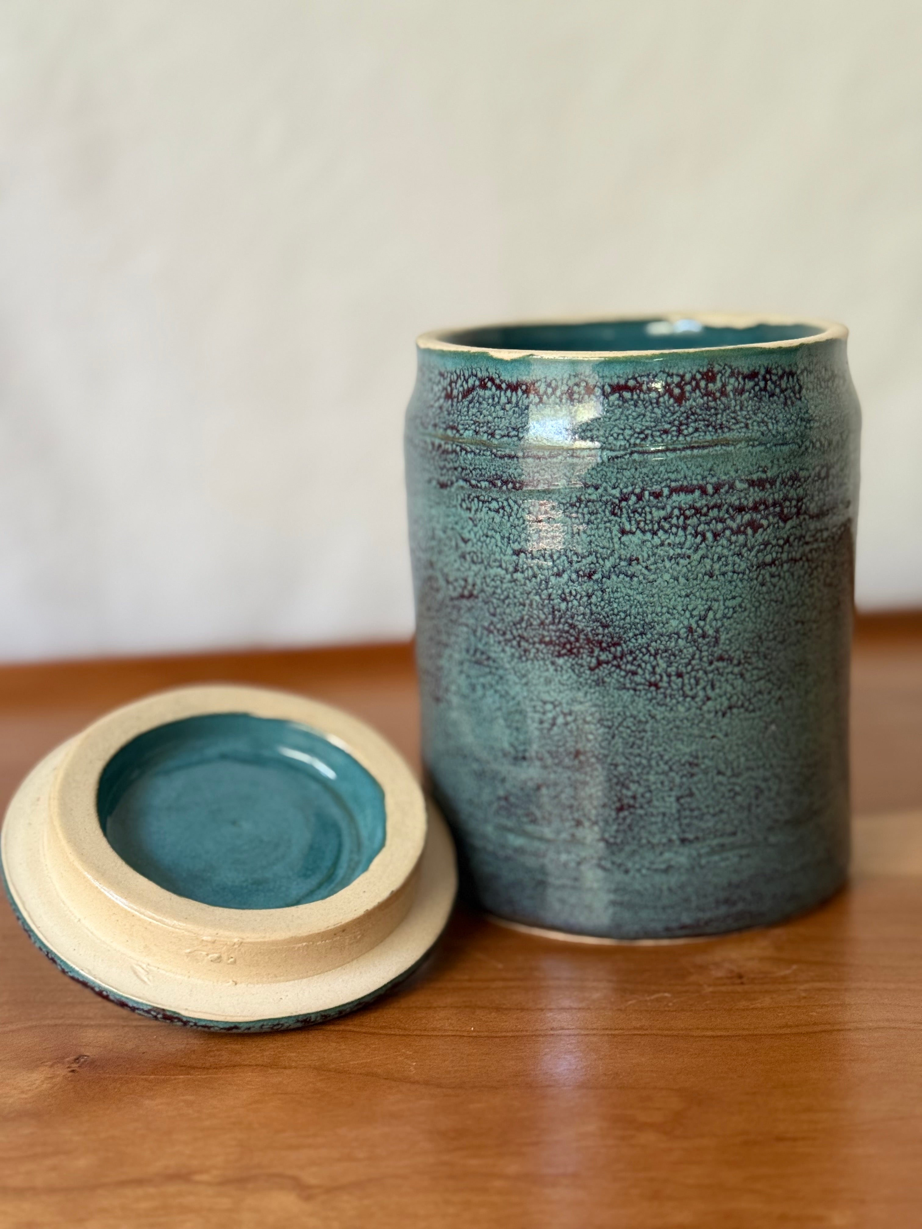 Small 6” handmade ceramic jar - teal and red glaze
