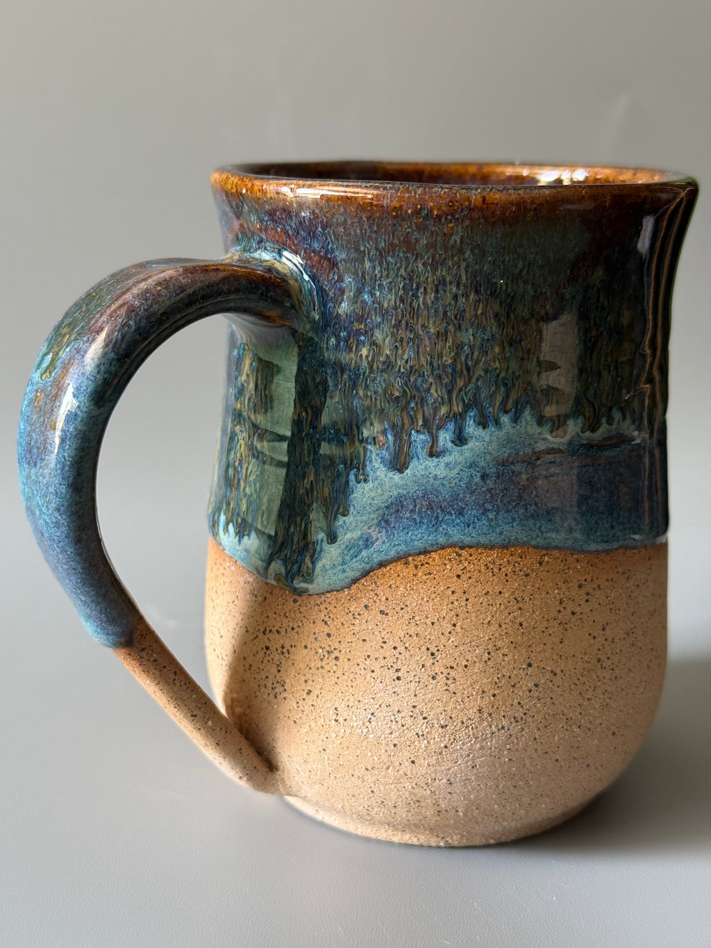 Handmade Blue mug with drip glaze, bare speckled clay 10-12 oz
