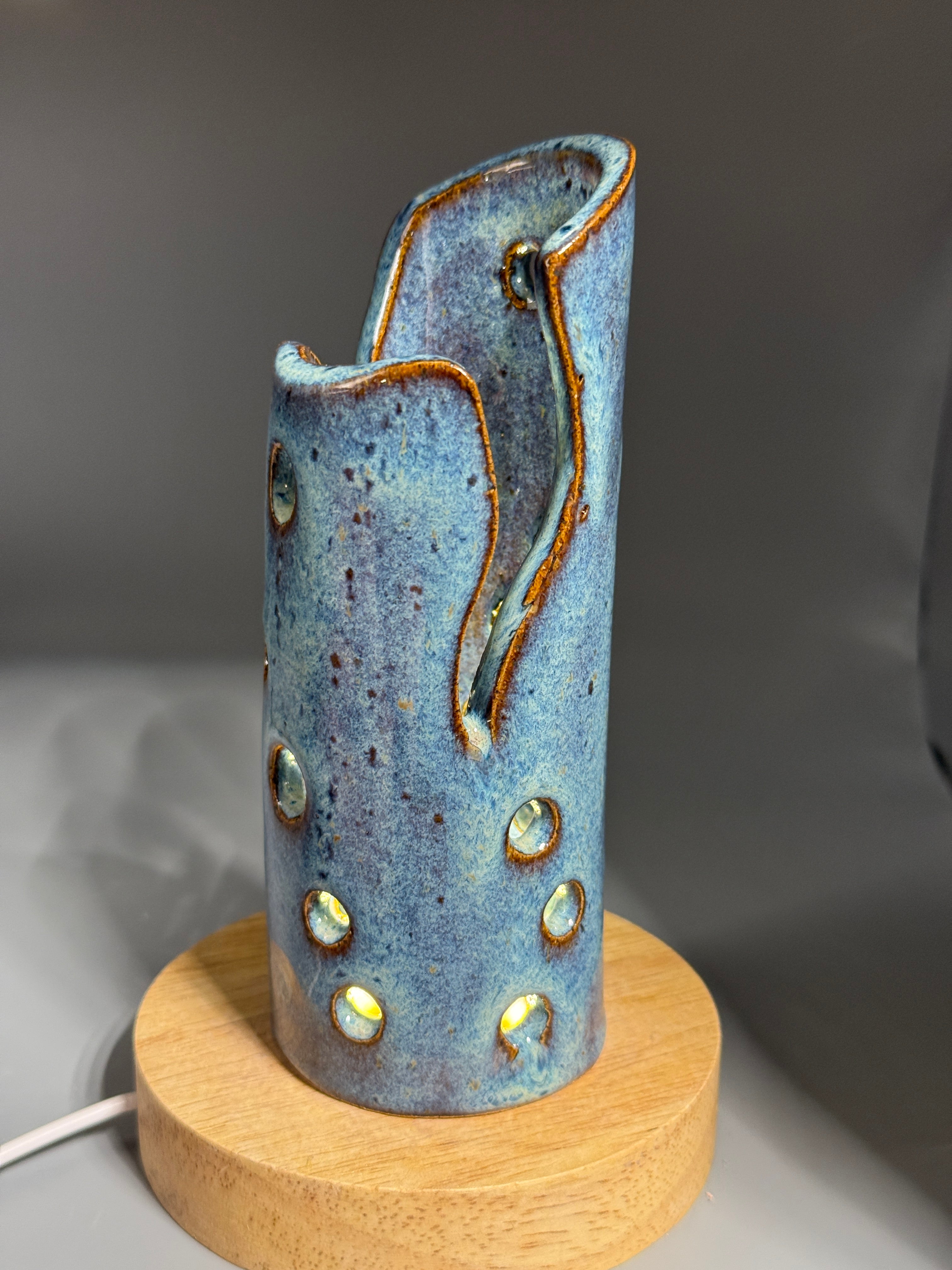 Chicory Sky — Carved Ceramic Accent Lamp with Wood LED Base