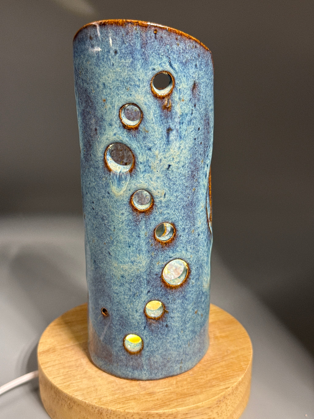 Chicory Sky — Carved Ceramic Accent Lamp with Wood LED Base