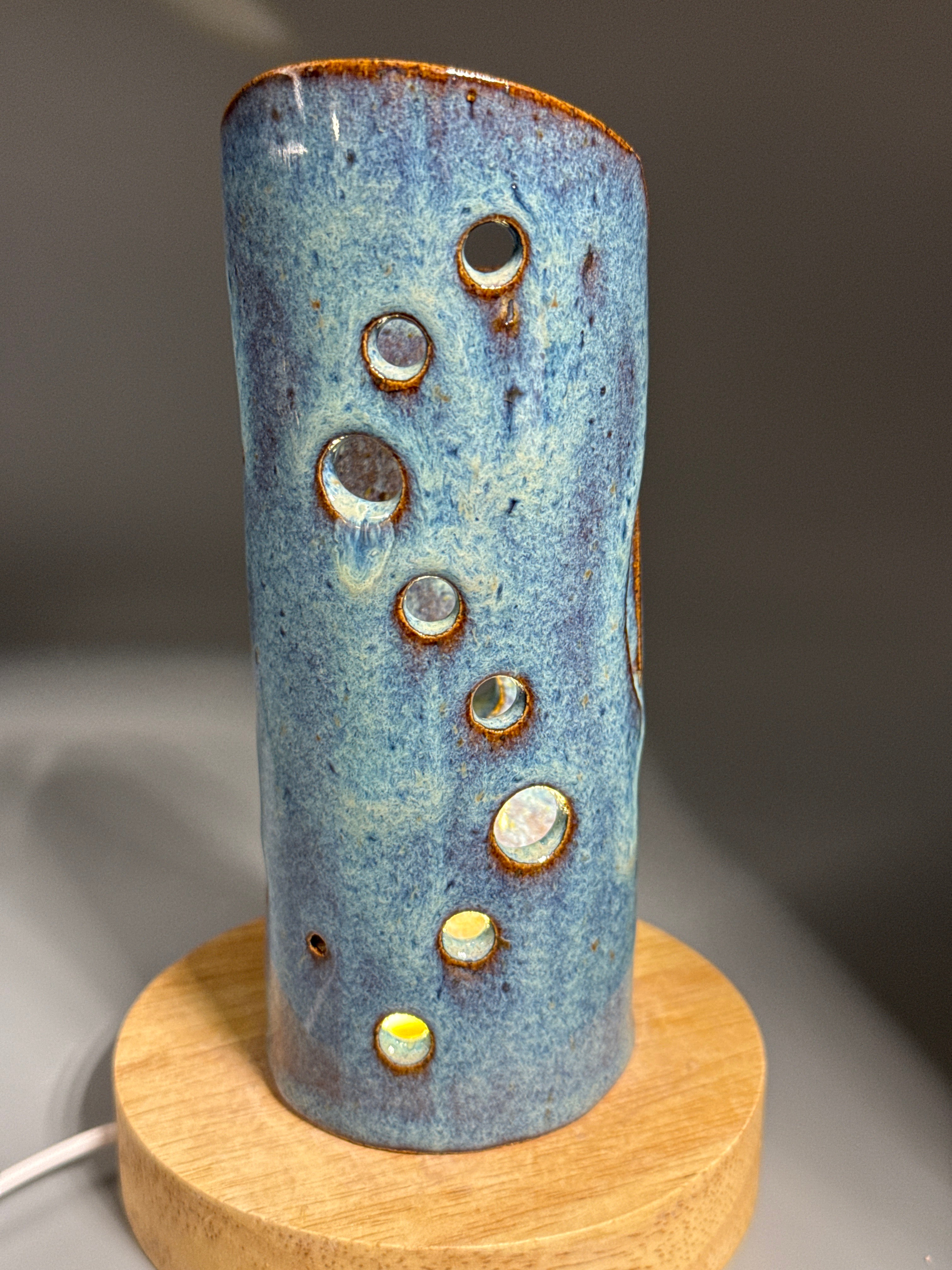 Chicory Sky — Carved Ceramic Accent Lamp with Wood LED Base