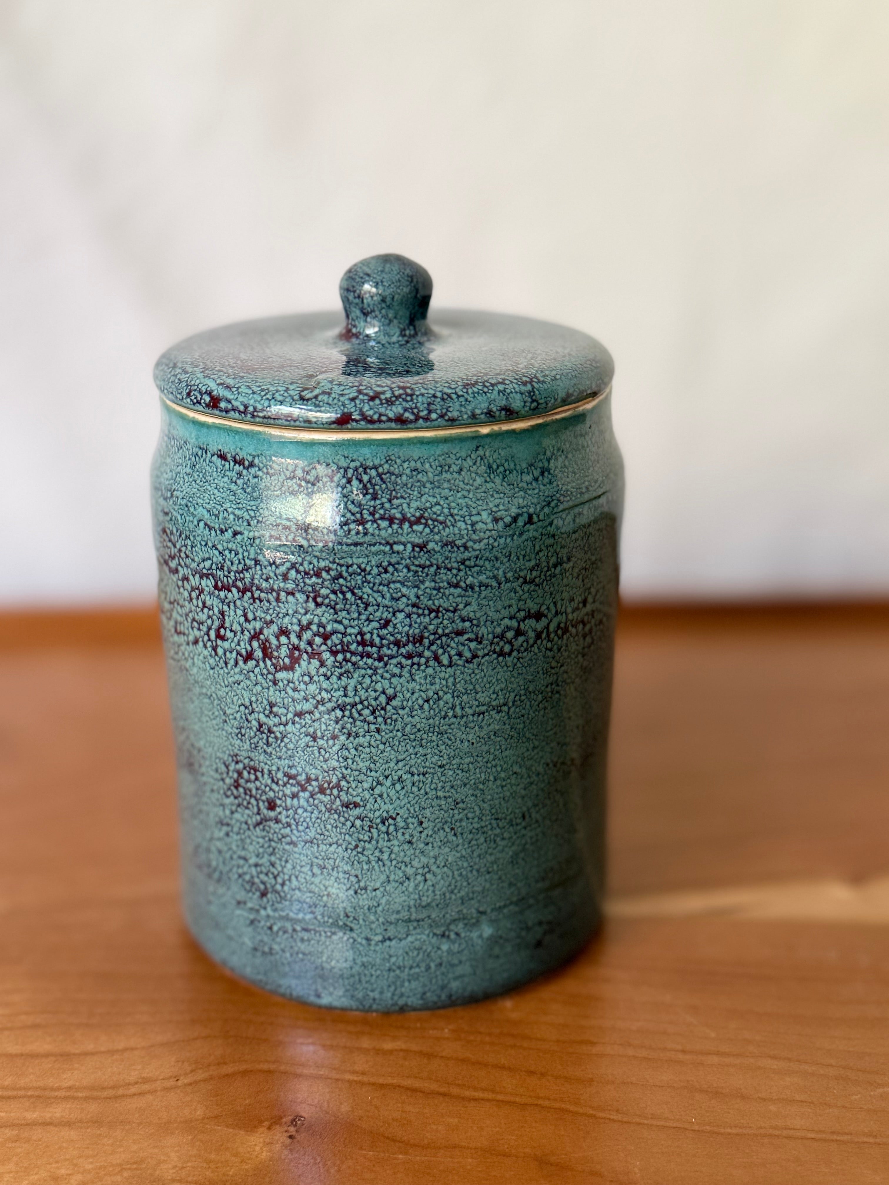 Small 6” handmade ceramic jar - teal and red glaze