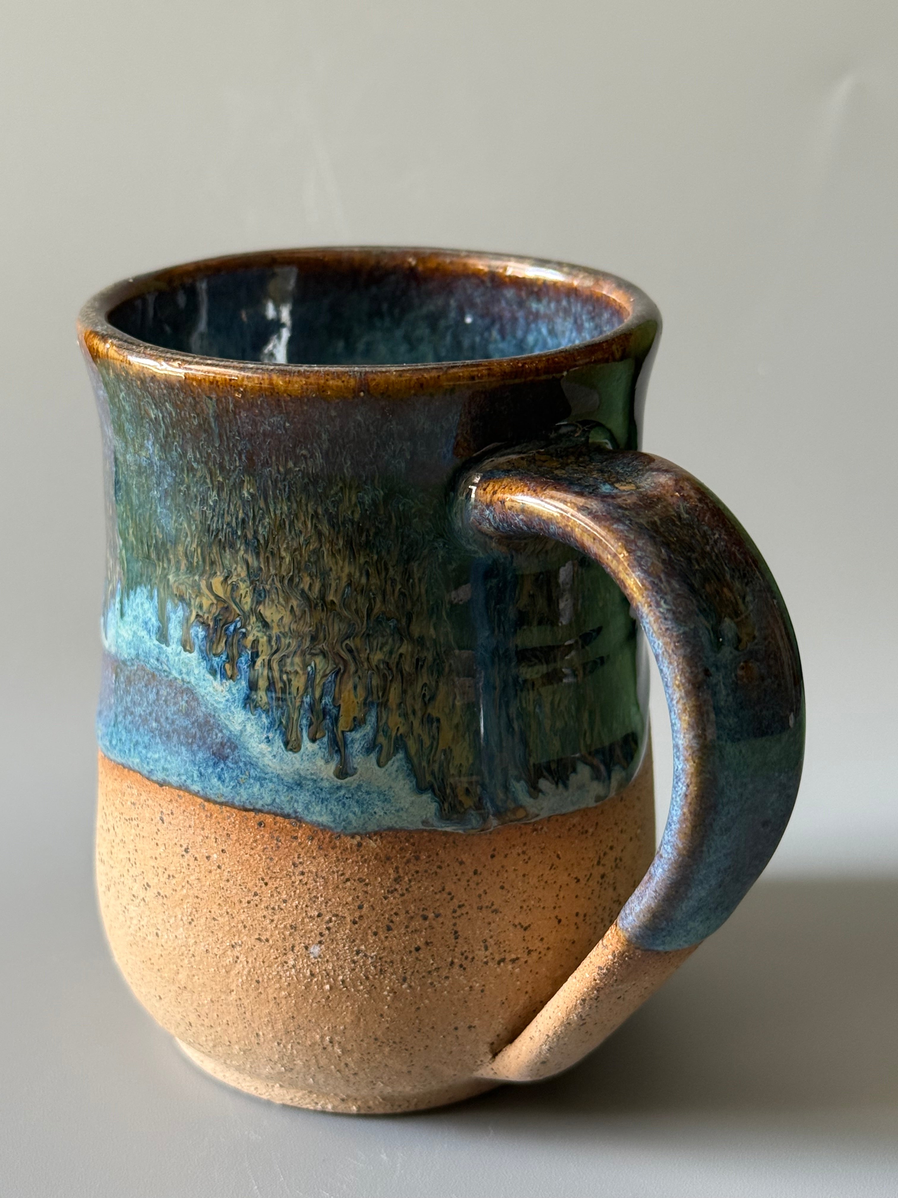 Handmade ceramic mug 10-12 oz Blue with golden drips on speckled stoneware