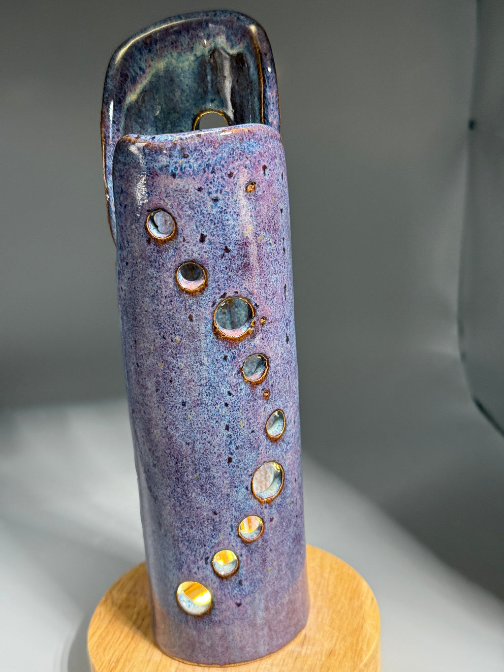 Thistle Rain — Carved Ceramic Accent Lamp with Wood LED Base