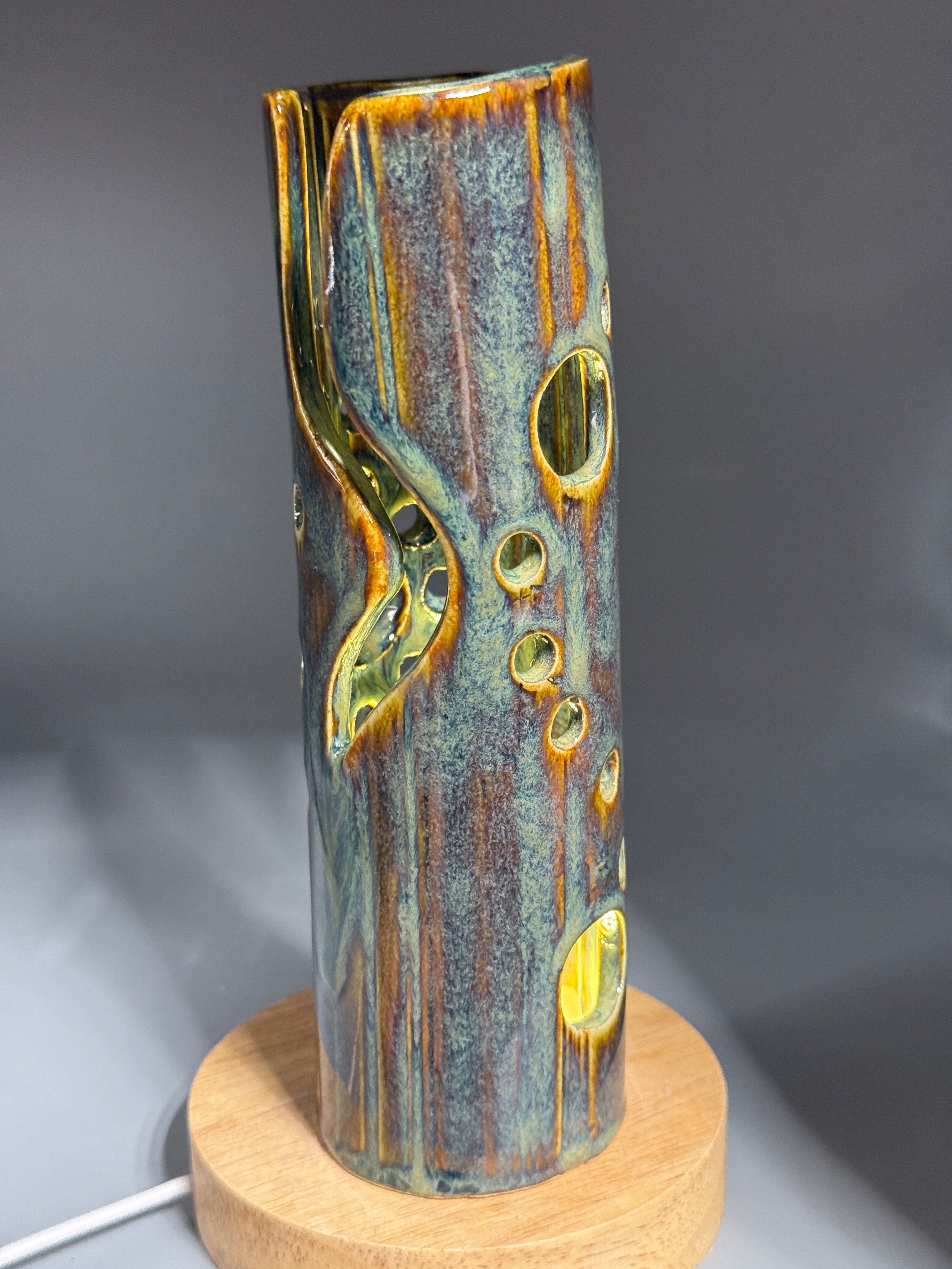 Marsh Ember — Carved Ceramic Accent Lamp with Wood LED Base