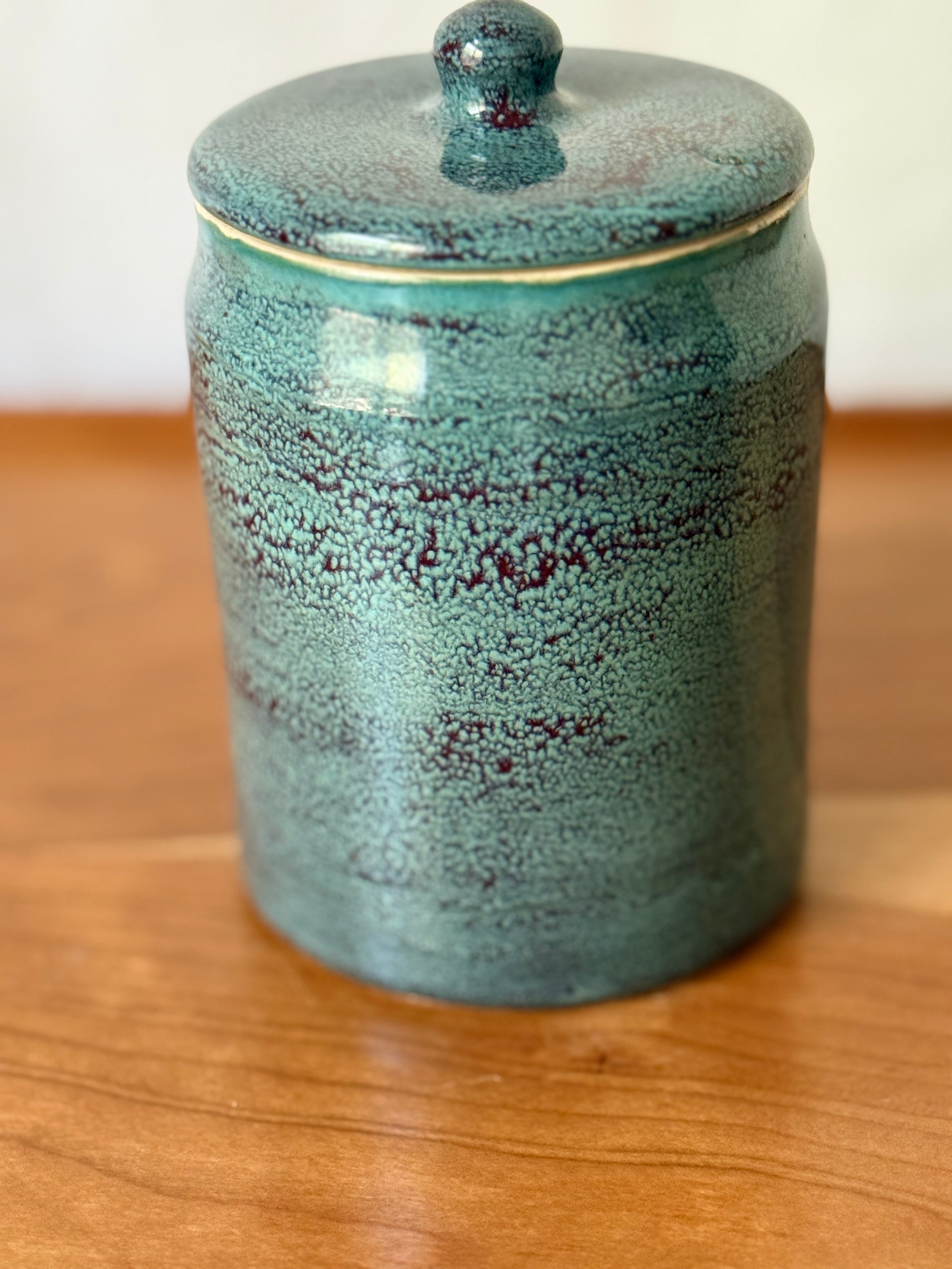 Small 6” handmade ceramic jar - teal and red glaze