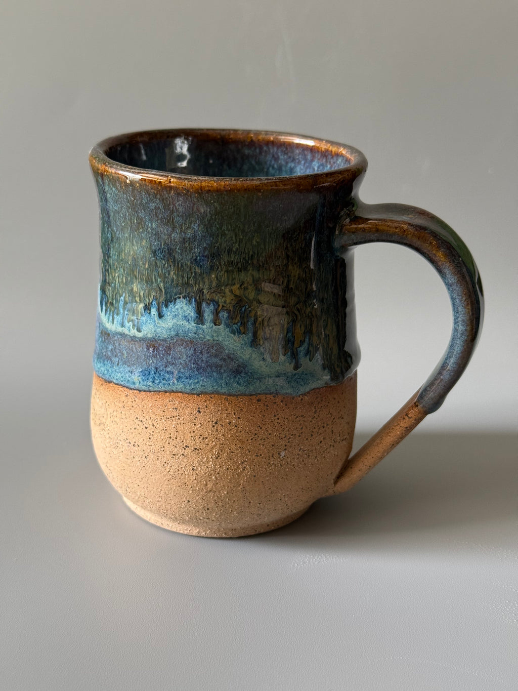 Handmade Blue mug with drip glaze, bare speckled clay 10-12 oz