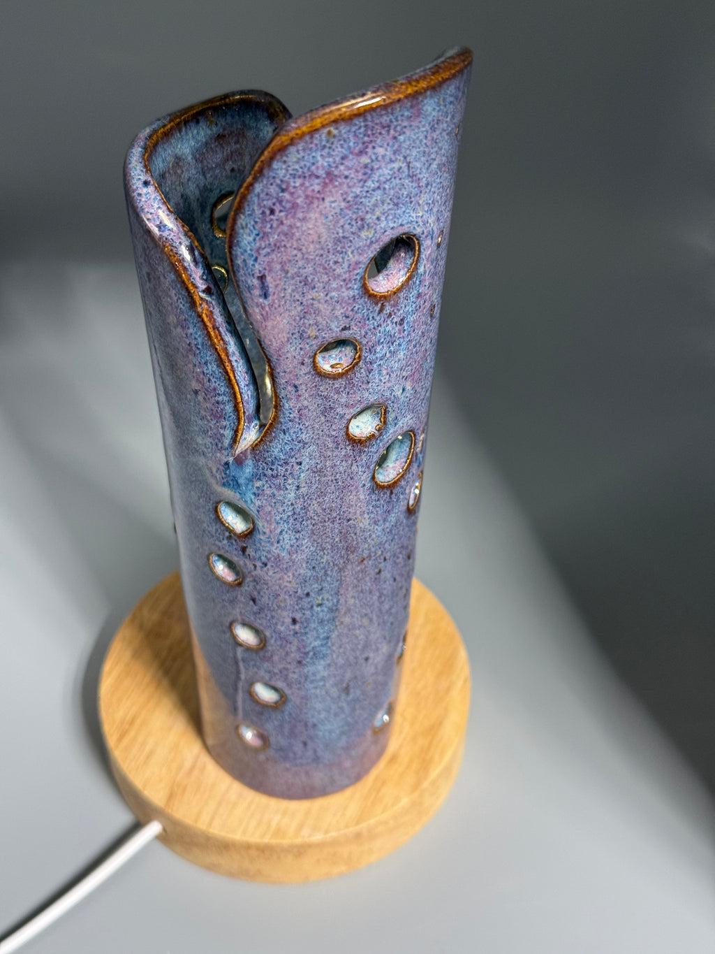 Thistle Rain — Carved Ceramic Accent Lamp with Wood LED Base